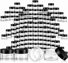 SATINIOR 100 Pcs Plastic Jars with Lids Small Containers Lids Wide Mouth Small Plastic Containers for Lotion Cream Rhinestones Body Butters Travel Storage(2 oz,Clear with Black Lid)