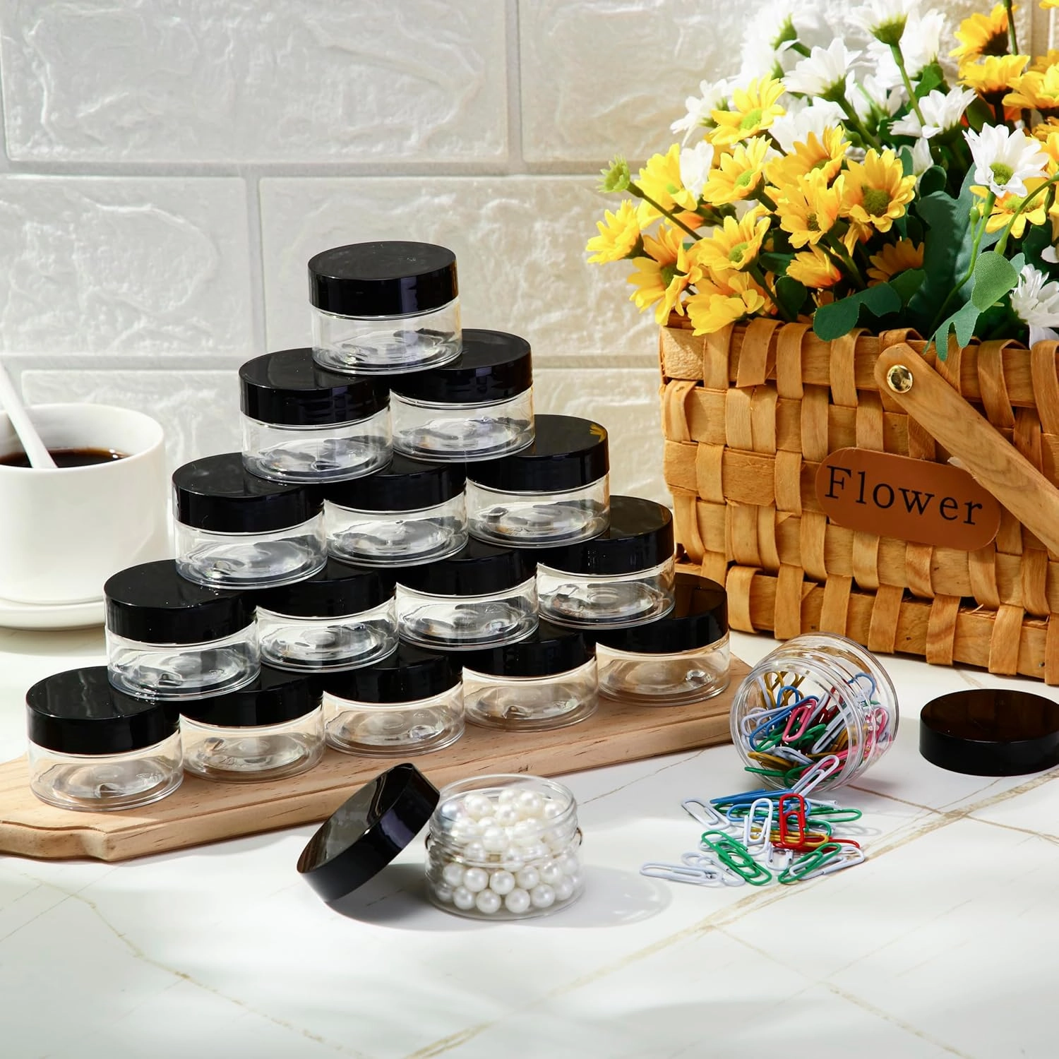 SATINIOR 100 Pcs Plastic Jars with Lids Small Containers Lids Wide Mouth Small Plastic Containers for Lotion Cream Rhinestones Body Butters Travel Storage(2 oz,Clear with Black Lid)