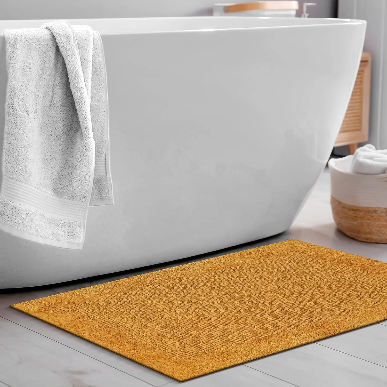 Savi Home Bath Mat Rug 17x24 Honey Mustard, 100% Pure Cotton, Super Soft White, Plush & Absorbent, Hand Tufted Heavy Weight Construction, Full Reversible Step Out Rugs