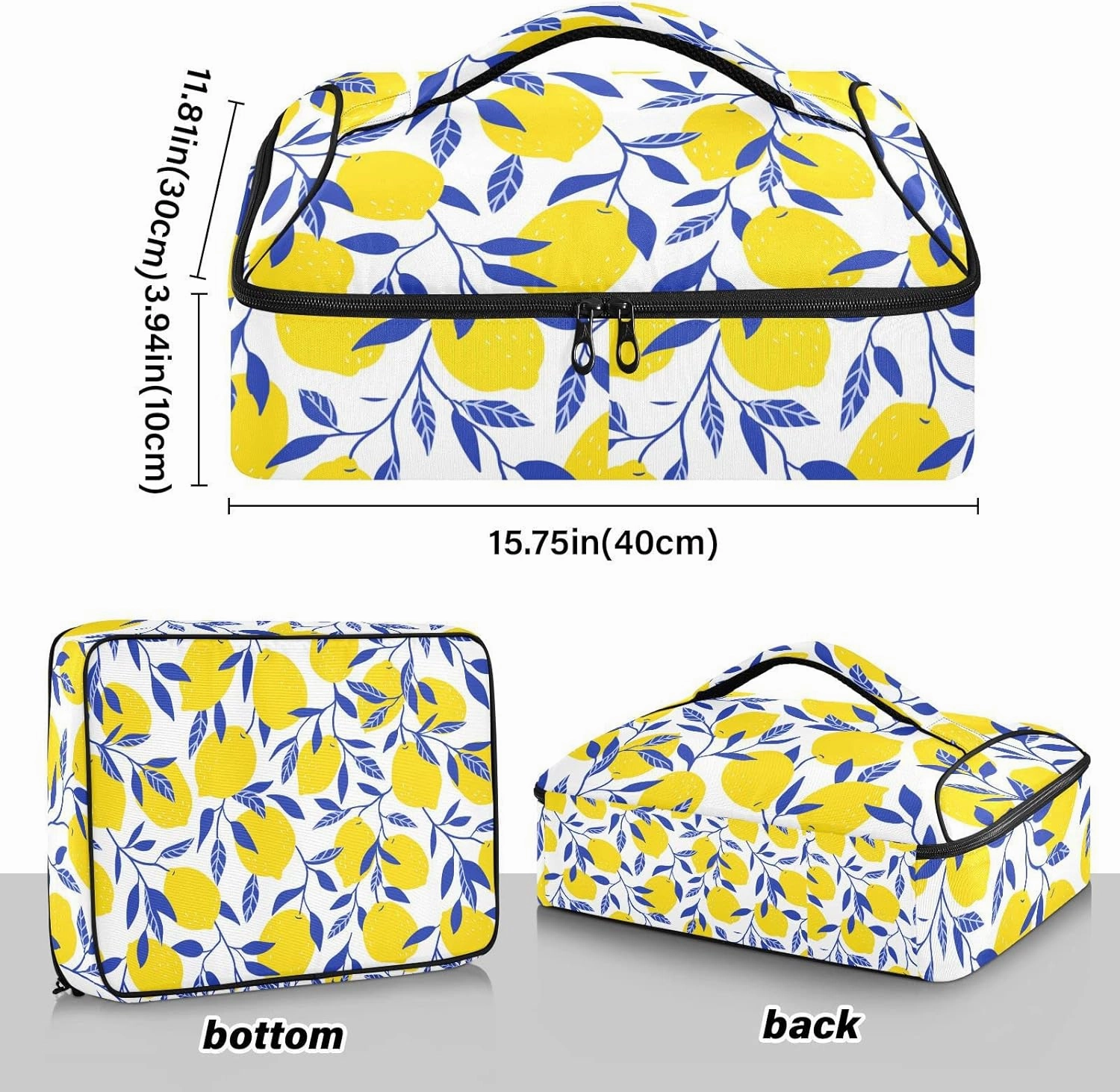 Seamless Tropical Yellow Lemons Blue Leaves on White Insulated Casserole Dish Carrier Bag 9x13 with Lid, Warmer Portable Tote for Hot or Cold Food Picnic Party Potluck Beach