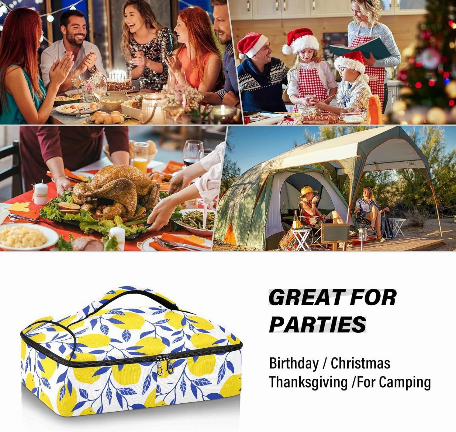 Seamless Tropical Yellow Lemons Blue Leaves on White Insulated Casserole Dish Carrier Bag 9x13 with Lid, Warmer Portable Tote for Hot or Cold Food Picnic Party Potluck Beach