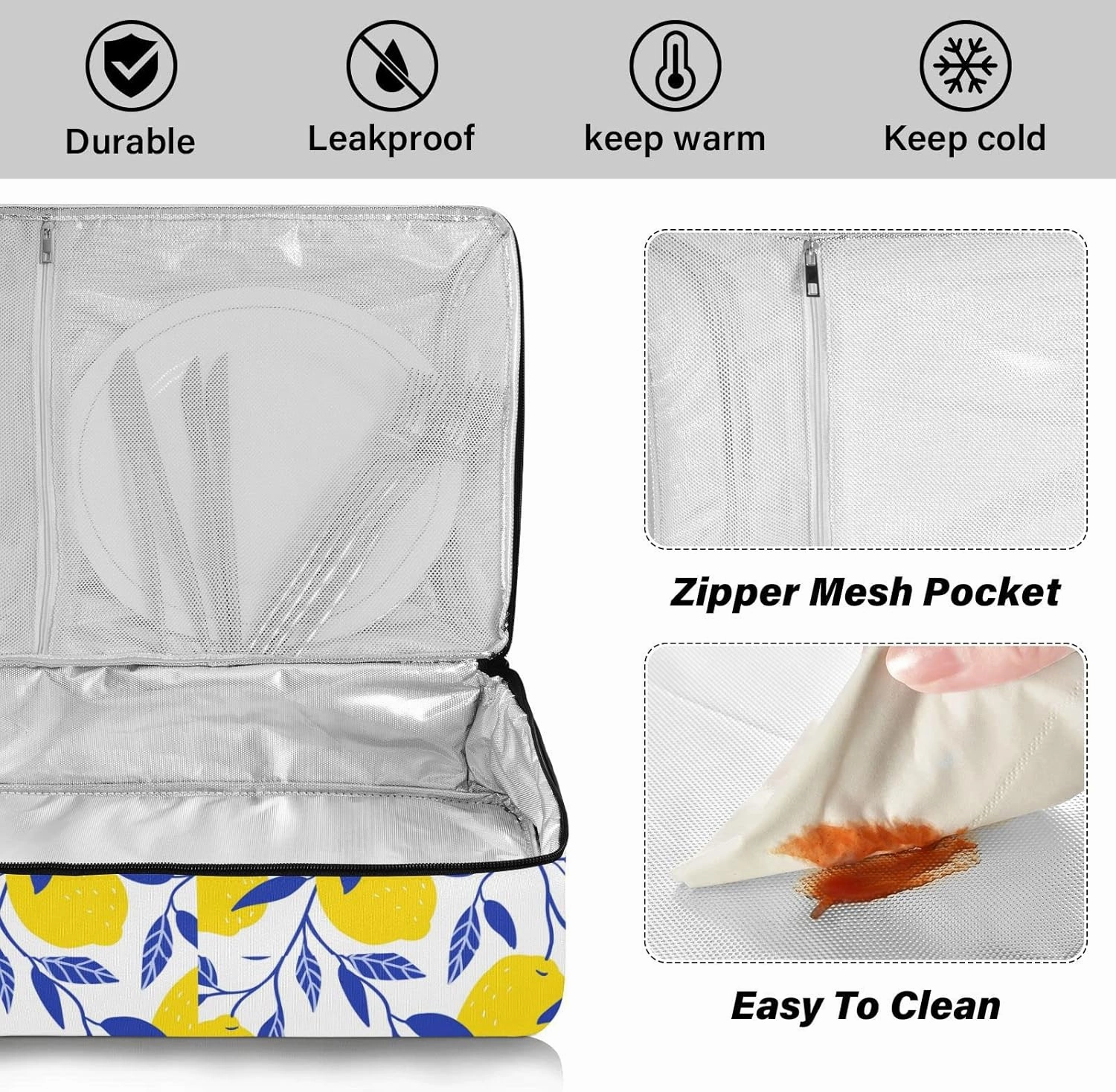 Seamless Tropical Yellow Lemons Blue Leaves on White Insulated Casserole Dish Carrier Bag 9x13 with Lid, Warmer Portable Tote for Hot or Cold Food Picnic Party Potluck Beach