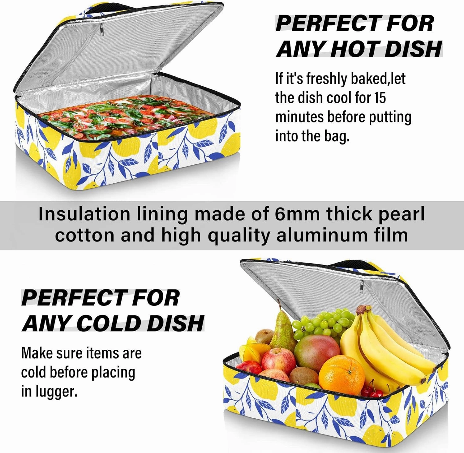 Seamless Tropical Yellow Lemons Blue Leaves on White Insulated Casserole Dish Carrier Bag 9x13 with Lid, Warmer Portable Tote for Hot or Cold Food Picnic Party Potluck Beach