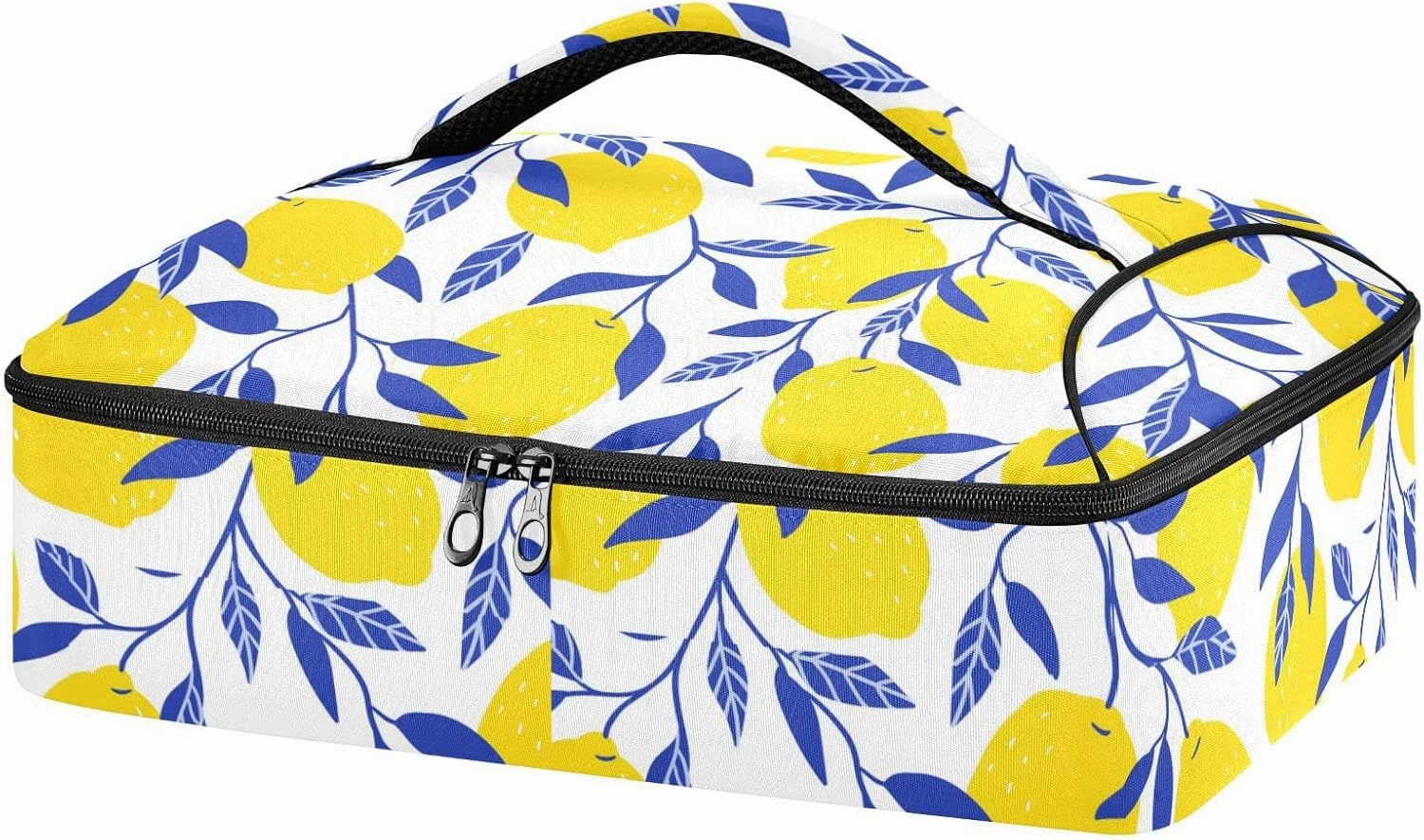 Seamless Tropical Yellow Lemons Blue Leaves on White Insulated Casserole Dish Carrier Bag 9x13 with Lid, Warmer Portable Tote for Hot or Cold Food Picnic Party Potluck Beach