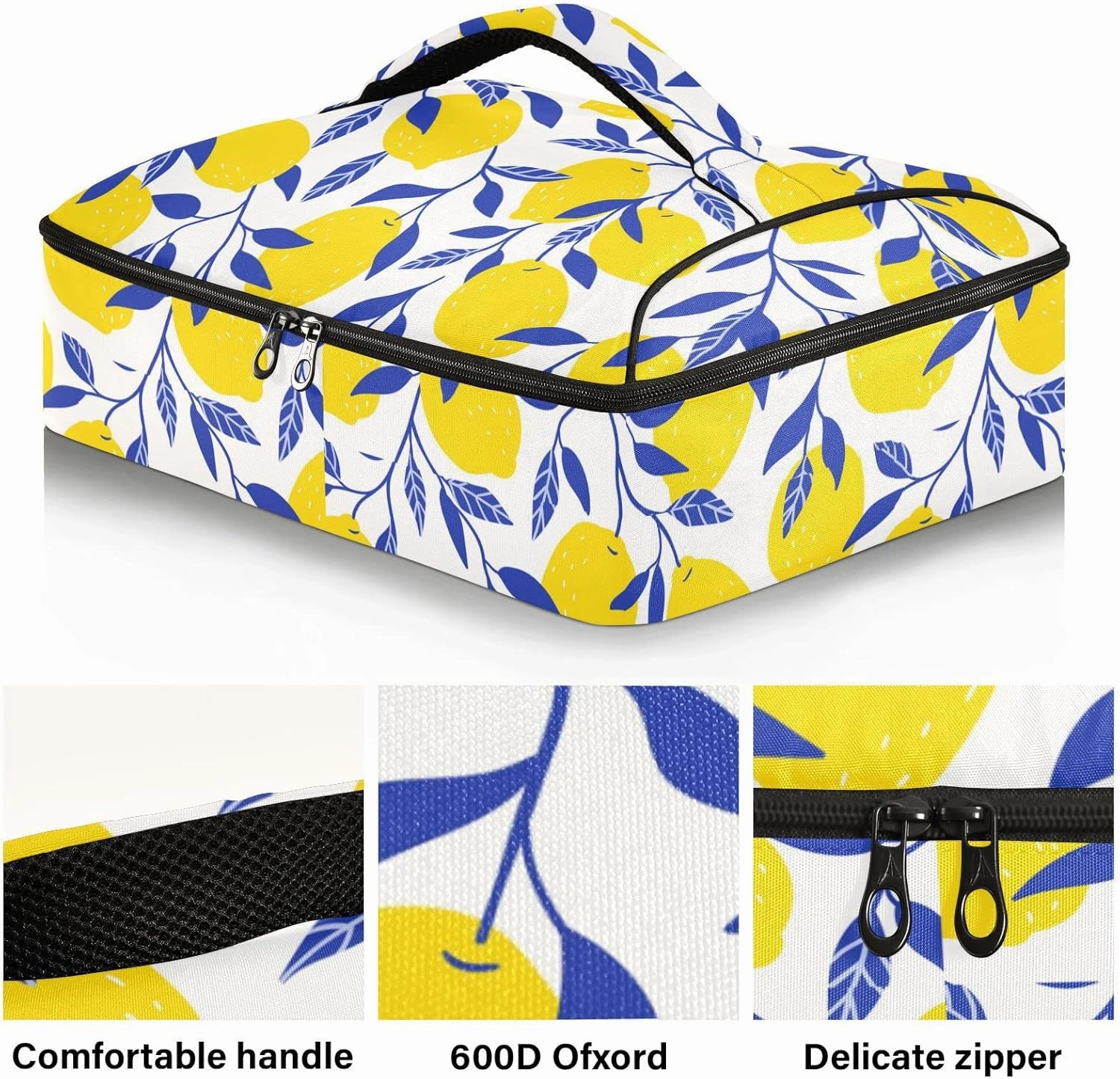 Seamless Tropical Yellow Lemons Blue Leaves on White Insulated Casserole Dish Carrier Bag 9x13 with Lid, Warmer Portable Tote for Hot or Cold Food Picnic Party Potluck Beach