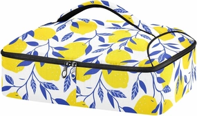Seamless Tropical Yellow Lemons Blue Leaves on White Insulated Casserole Dish Carrier Bag 9x13 with Lid, Warmer Portable Tote for Hot or Cold Food Picnic Party Potluck Beach