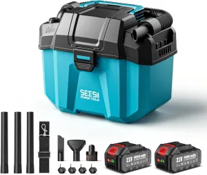 Seesii Cordless Shop Vac Wet and Dry, 2.6 Gallon Small Shop Vac with 2 x 4.0Ah Batteries, 3-in-1 Wet Dry Vacuum with HEPA Filter, Strap, 4 Wheels, Accessories, Ideal for Garage, Car, Workshop, House