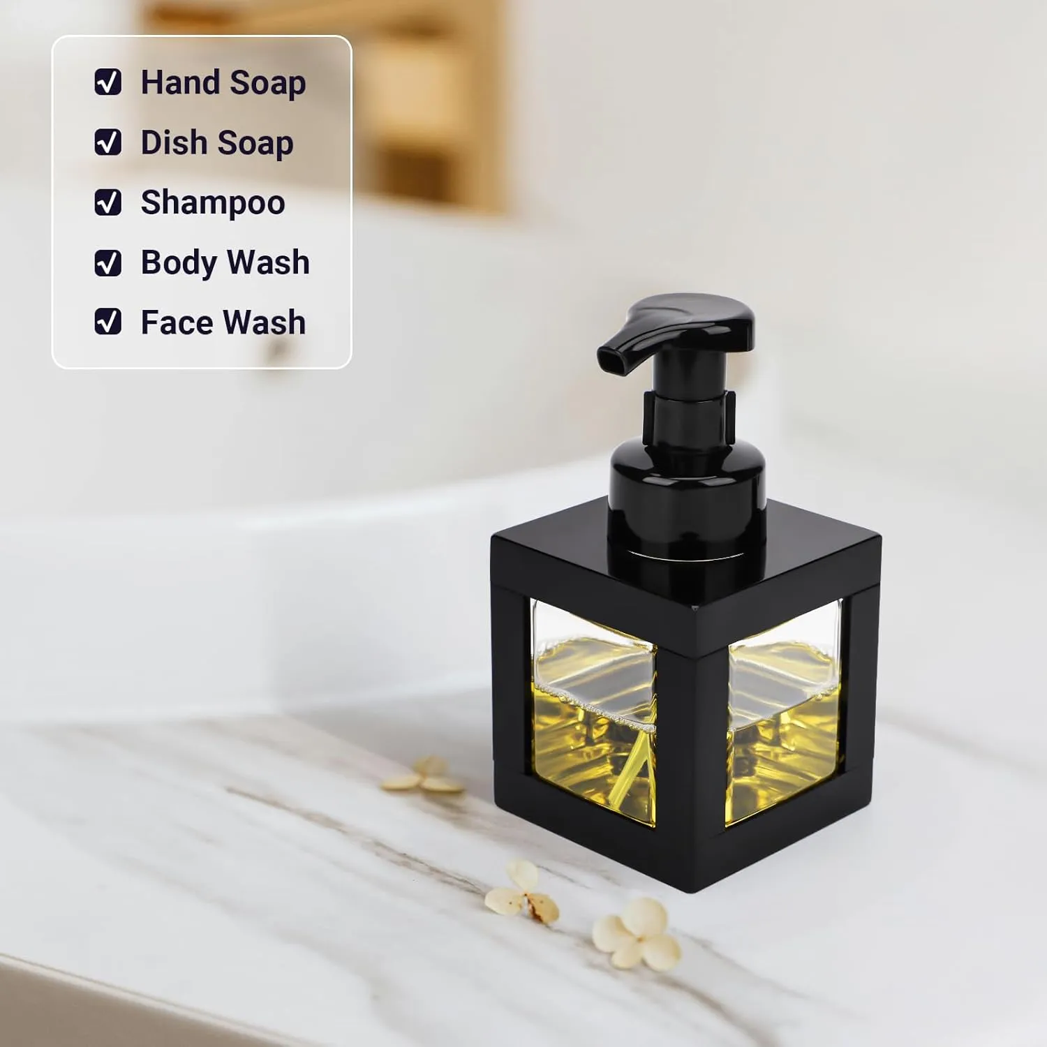 Segbeauty 11.84oz Black Foaming Soap Dispenser for Bathroom, 2pcs 350ml Empty Square Dish Soap Dispenser with Labels Pump for Kitchen, Refillable Hand Wash Foam Dispenser Soap Reusable Shampoo Bottles