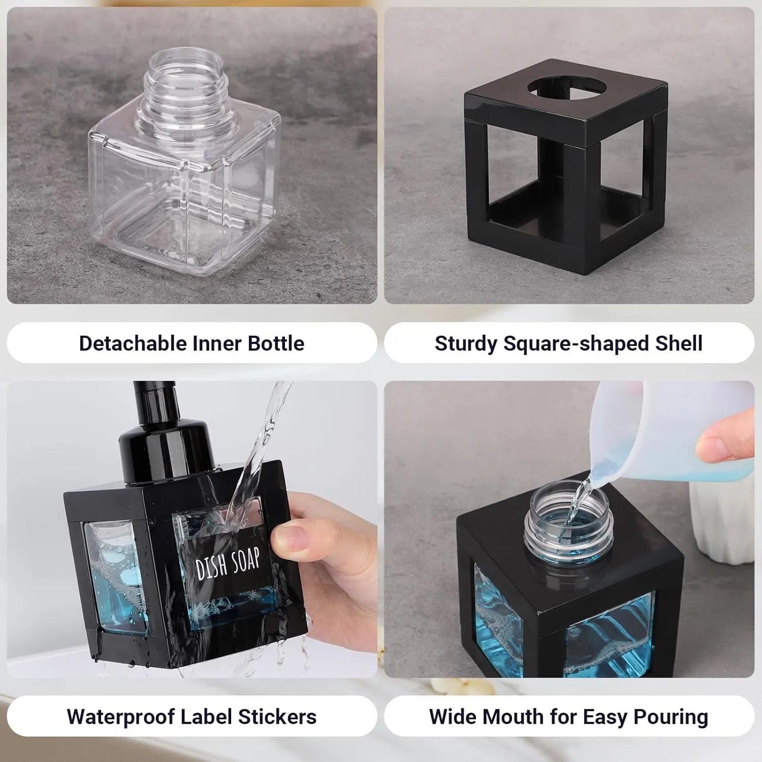 Segbeauty 11.84oz Black Foaming Soap Dispenser for Bathroom, 2pcs 350ml Empty Square Dish Soap Dispenser with Labels Pump for Kitchen, Refillable Hand Wash Foam Dispenser Soap Reusable Shampoo Bottles