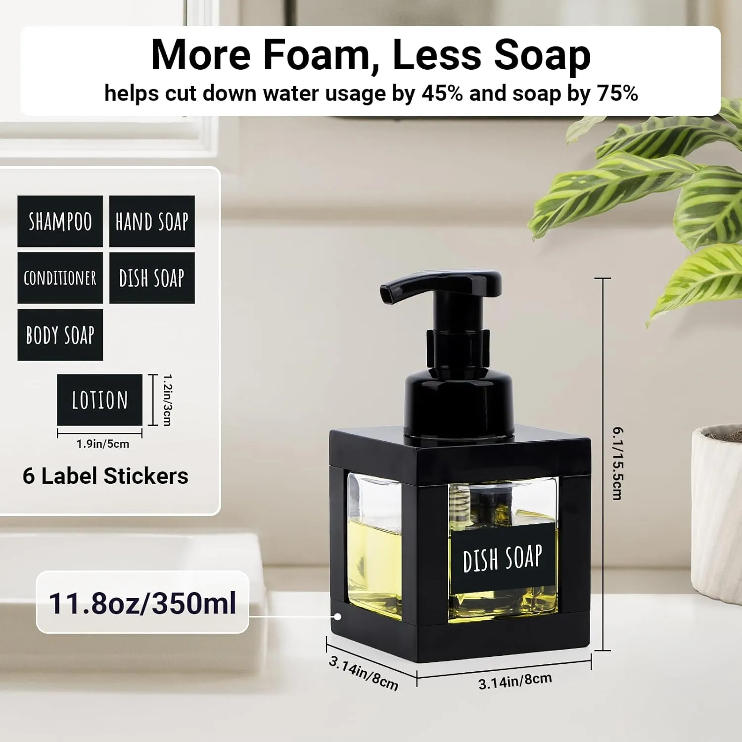 Segbeauty 11.84oz Black Foaming Soap Dispenser for Bathroom, 2pcs 350ml Empty Square Dish Soap Dispenser with Labels Pump for Kitchen, Refillable Hand Wash Foam Dispenser Soap Reusable Shampoo Bottles