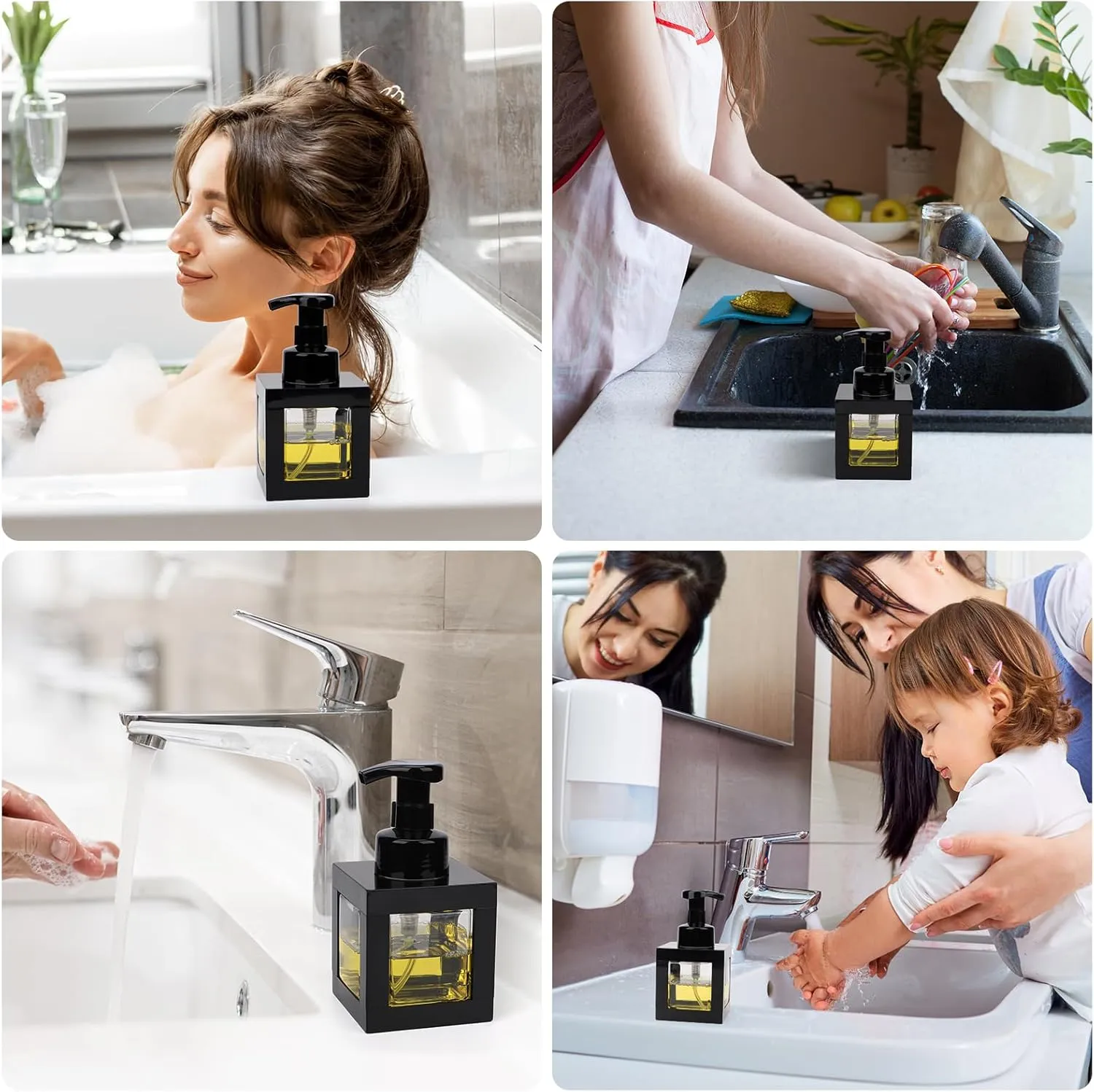 Segbeauty 11.84oz Black Foaming Soap Dispenser for Bathroom, 2pcs 350ml Empty Square Dish Soap Dispenser with Labels Pump for Kitchen, Refillable Hand Wash Foam Dispenser Soap Reusable Shampoo Bottles