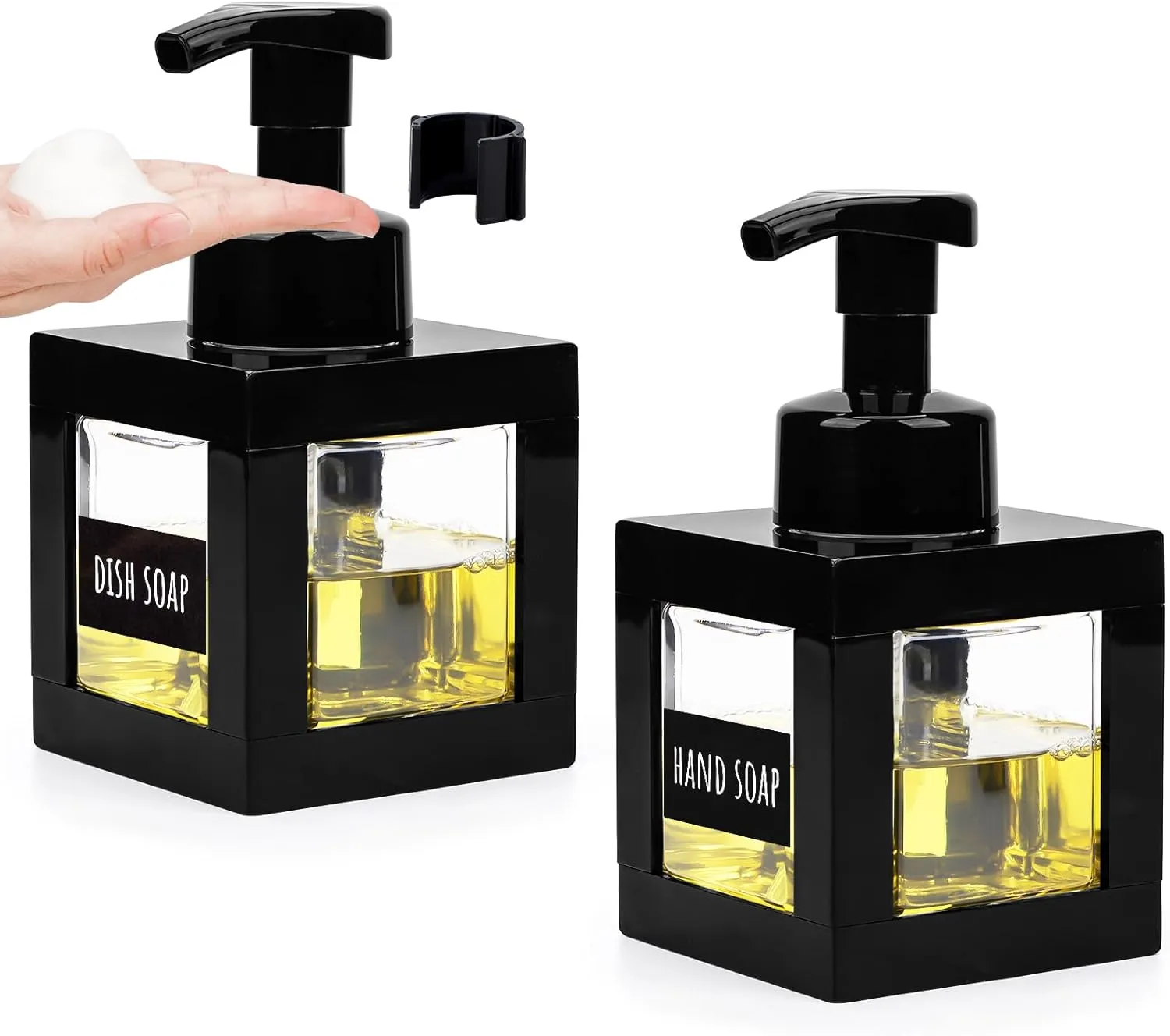 Segbeauty 11.84oz Black Foaming Soap Dispenser for Bathroom, 2pcs 350ml Empty Square Dish Soap Dispenser with Labels Pump for Kitchen, Refillable Hand Wash Foam Dispenser Soap Reusable Shampoo Bottles