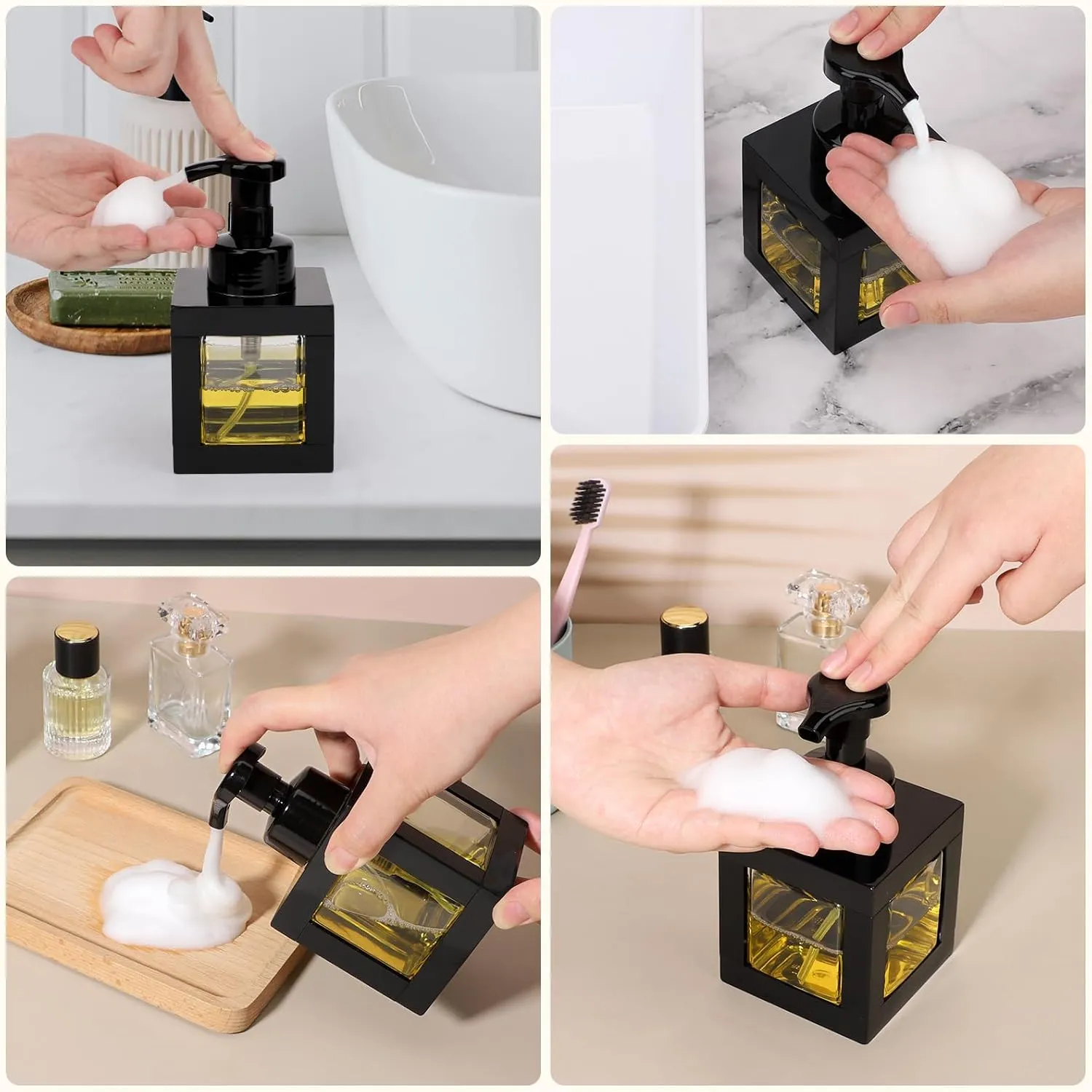 Segbeauty 11.84oz Black Foaming Soap Dispenser for Bathroom, 2pcs 350ml Empty Square Dish Soap Dispenser with Labels Pump for Kitchen, Refillable Hand Wash Foam Dispenser Soap Reusable Shampoo Bottles