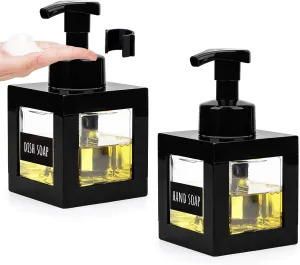Segbeauty 11.84oz Black Foaming Soap Dispenser for Bathroom, 2pcs 350ml Empty Square Dish Soap Dispenser with Labels Pump for Kitchen, Refillable Hand Wash Foam Dispenser Soap Reusable Shampoo Bottles