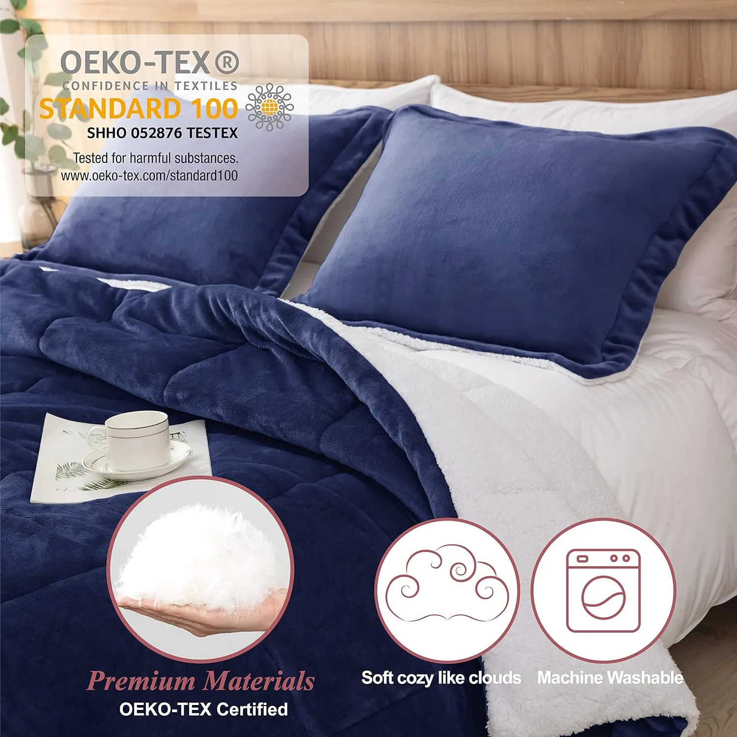Seward Park Navy Blue Sherpa Comforter Set Full Queen Size, All Season Soft Warm Fleece Blanket, Winter Bedding Sets with 2 Pillow Shams