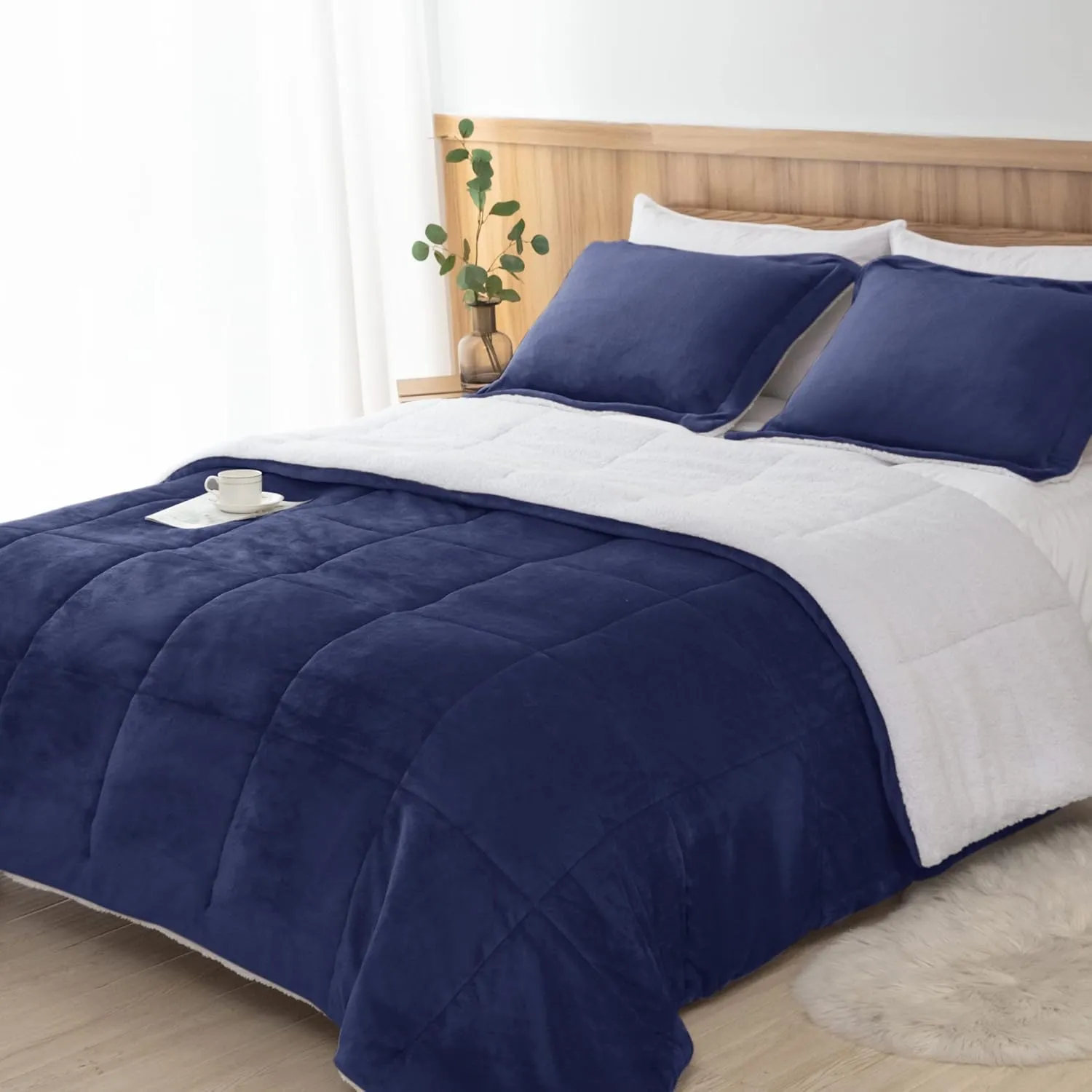 Seward Park Navy Blue Sherpa Comforter Set Full Queen Size, All Season Soft Warm Fleece Blanket, Winter Bedding Sets with 2 Pillow Shams