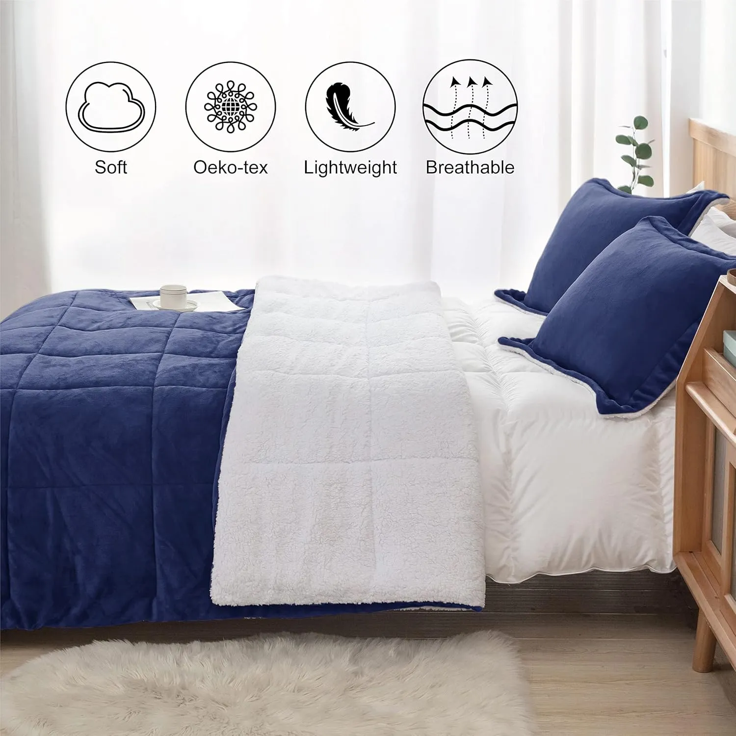 Seward Park Navy Blue Sherpa Comforter Set Full Queen Size, All Season Soft Warm Fleece Blanket, Winter Bedding Sets with 2 Pillow Shams