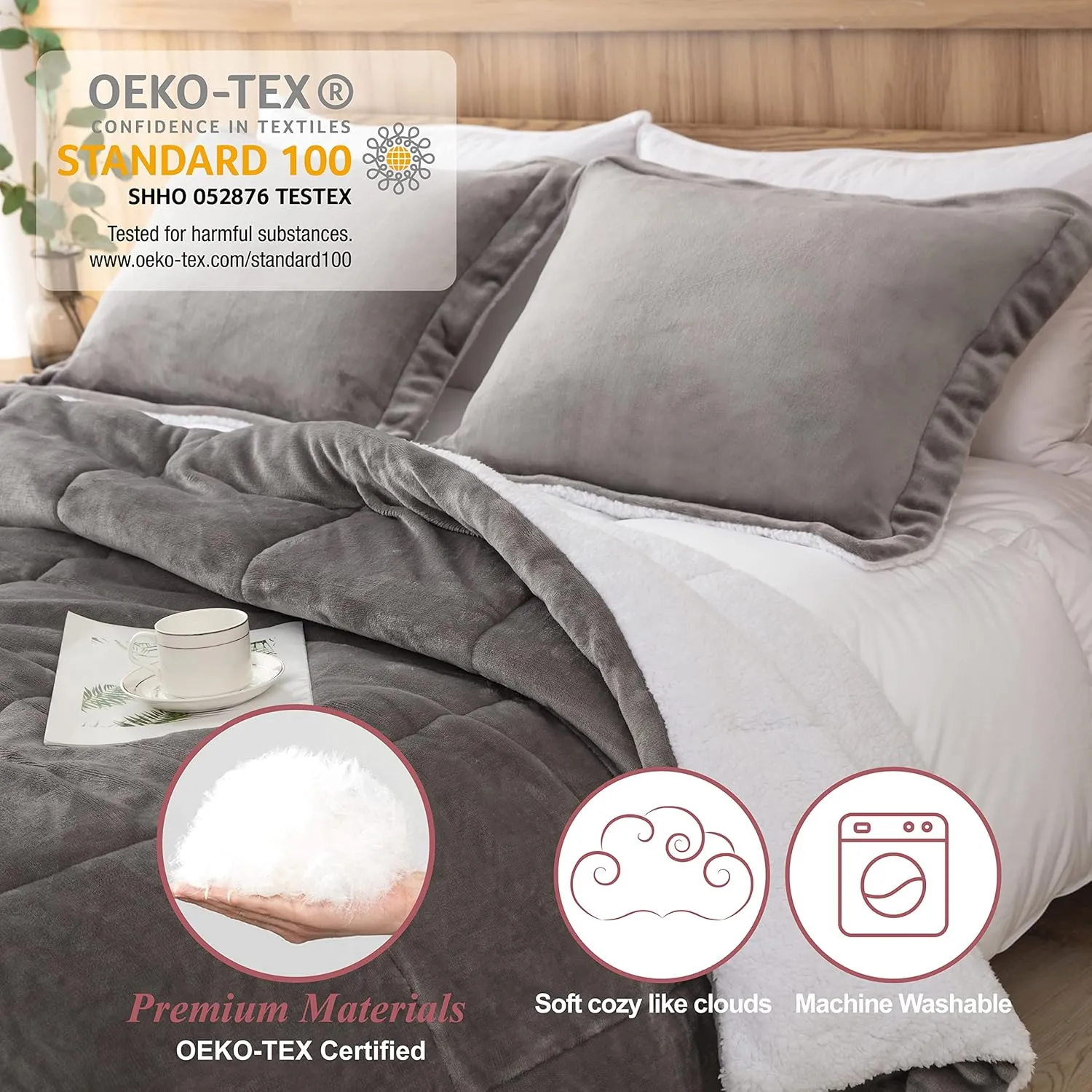 Seward Park Ultra Soft Sherpa Comforter Set Full Queen, Fall Winter All Season Down Alternative Bedding Sets Grey 3 Piece (1 Comforter and 2 Pillow Shams)