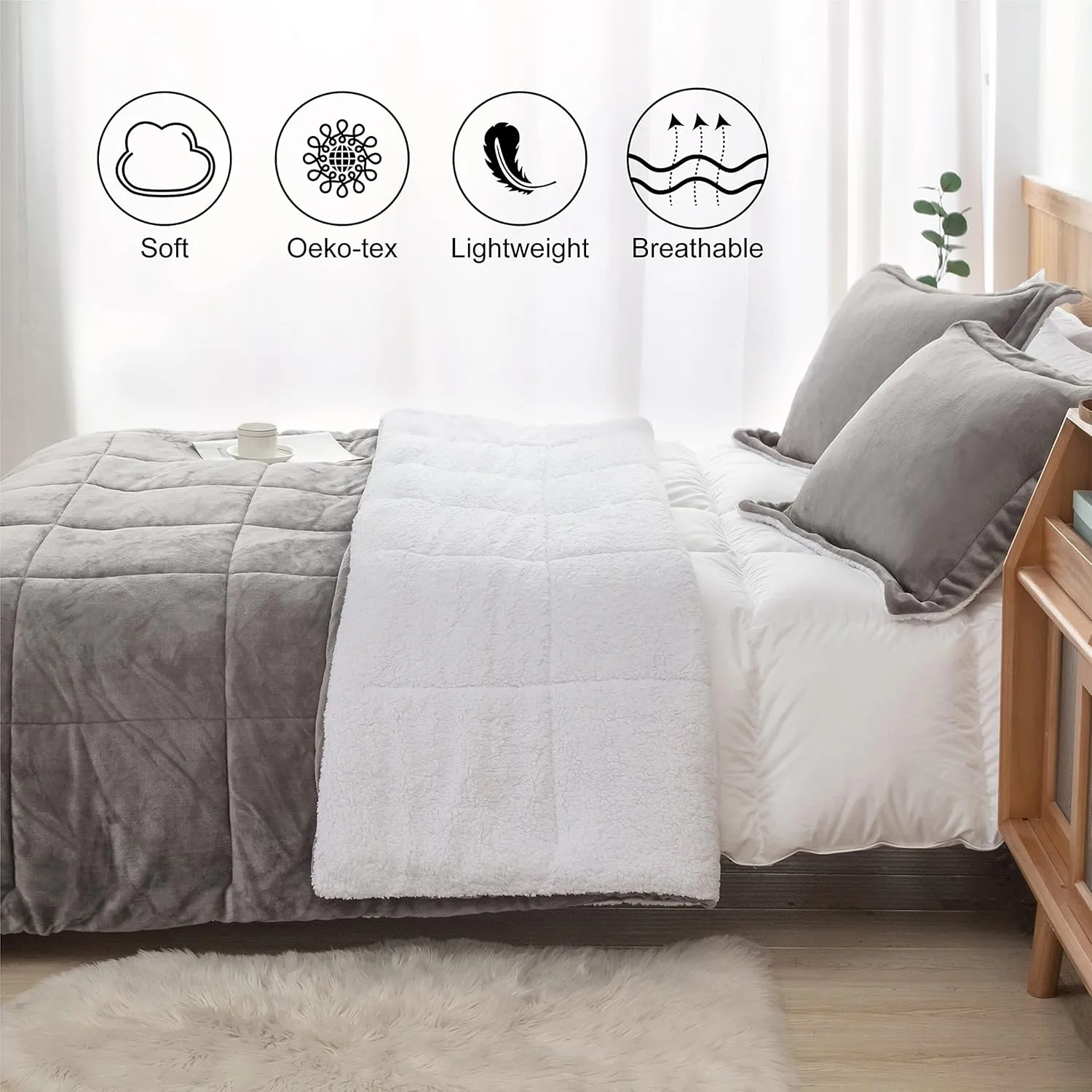 Seward Park Ultra Soft Sherpa Comforter Set Full Queen, Fall Winter All Season Down Alternative Bedding Sets Grey 3 Piece (1 Comforter and 2 Pillow Shams)