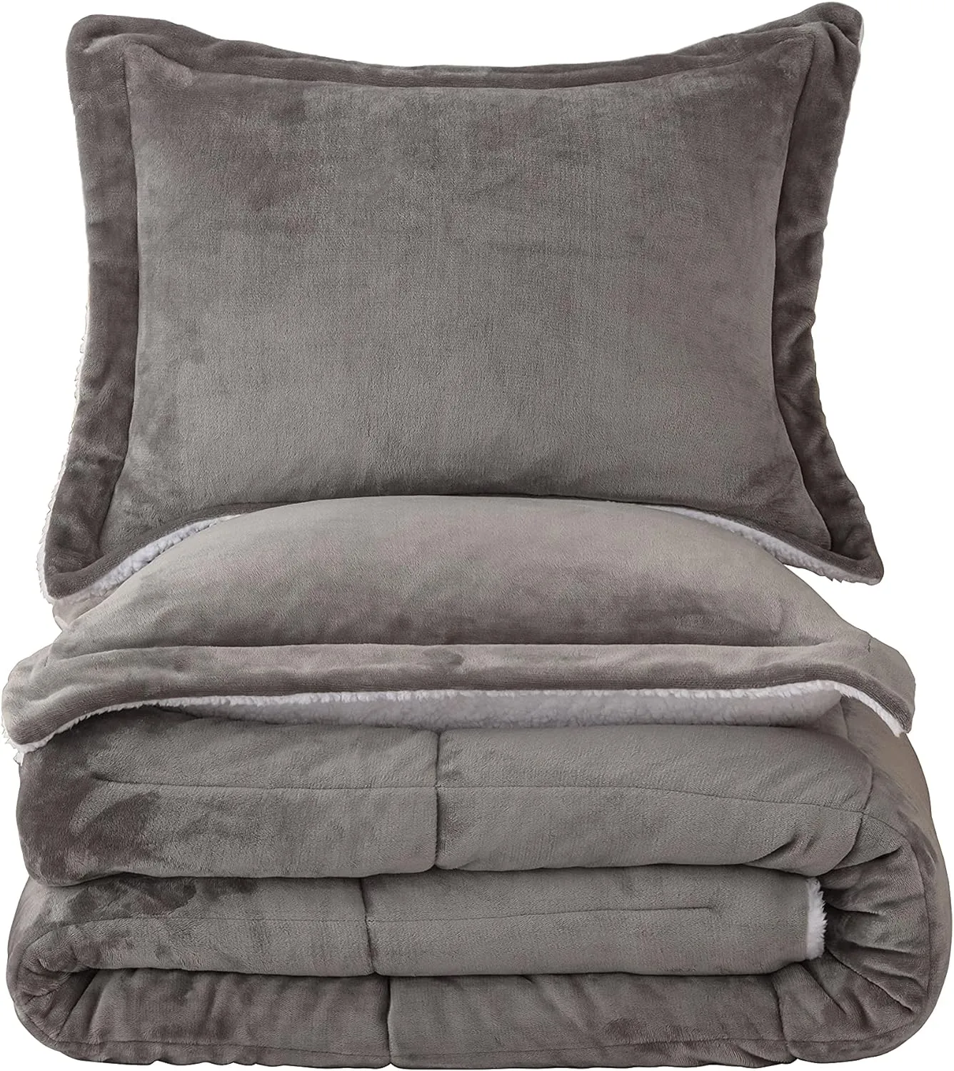 Seward Park Ultra Soft Sherpa Comforter Set Full Queen, Fall Winter All Season Down Alternative Bedding Sets Grey 3 Piece (1 Comforter and 2 Pillow Shams)