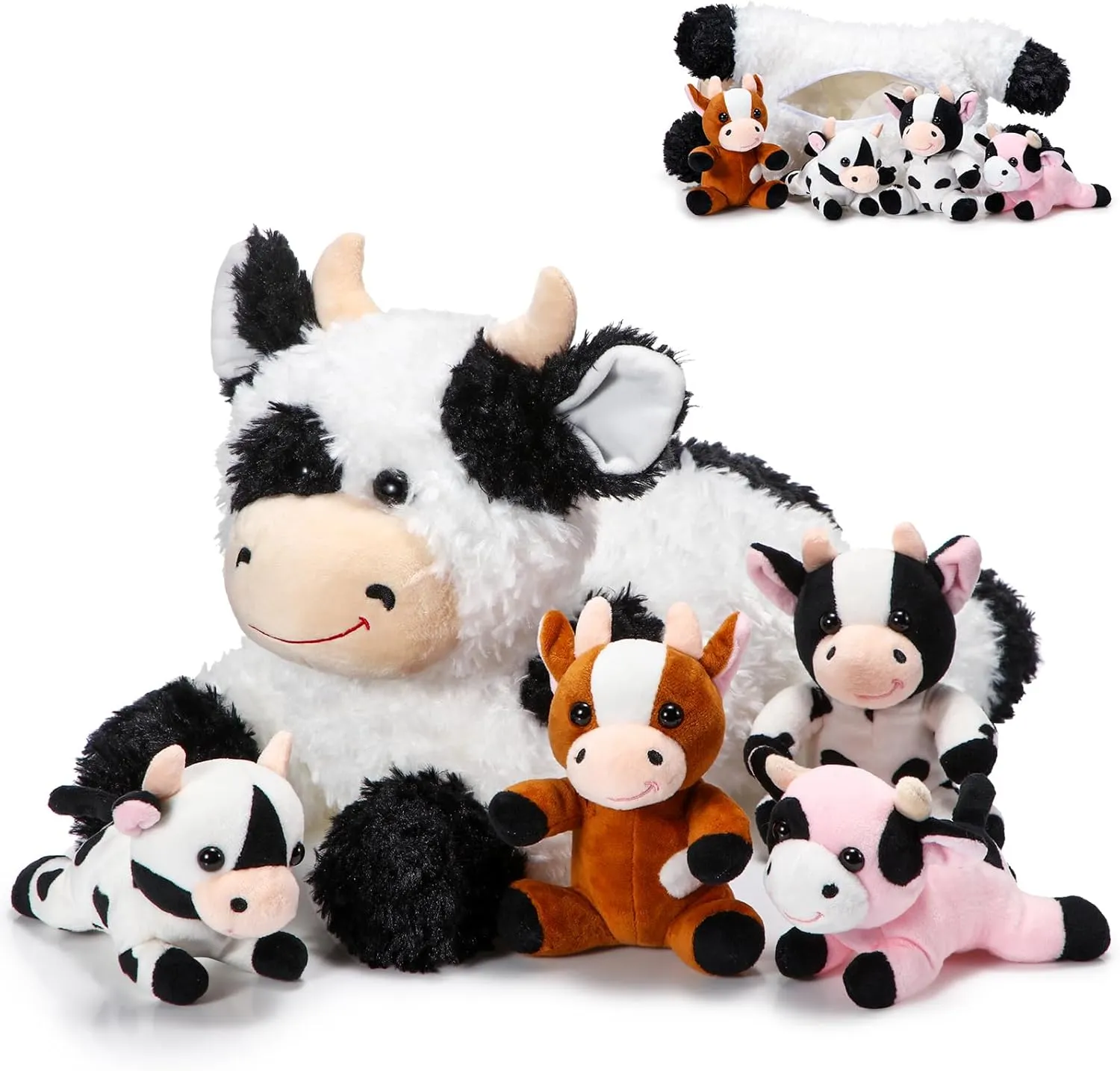 Shappy 5 Pcs Cow Stuffed Plush Animals Set, 1 Mommy Cow Stuffed Animal with 4 Baby Cute Plushy Cows in Her Tummy Cuddly Soft Plushie Toy Set for Party Favors Boys Girls Birthday Gifts