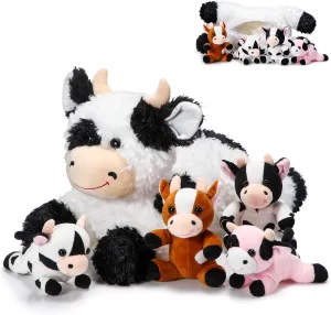Shappy 5 Pcs Cow Stuffed Plush Animals Set, 1 Mommy Cow Stuffed Animal with 4 Baby Cute Plushy Cows in Her Tummy Cuddly Soft Plushie Toy Set for Party Favors Boys Girls Birthday Gifts