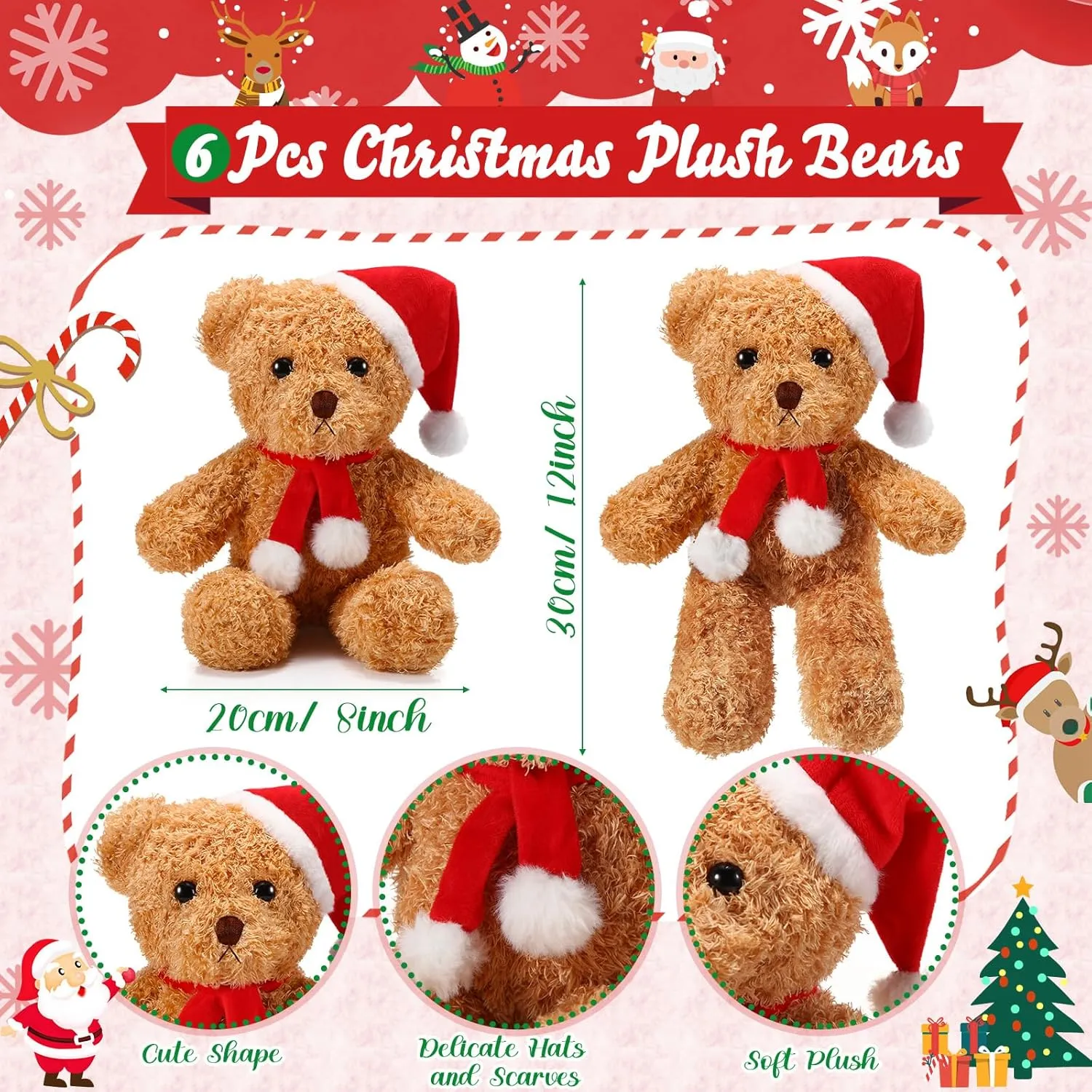 Shappy 6 Pack Christmas Bear Stuffed Animals Bulk Soft Bear Plush Toys 12 Inches Cute Bears Bulk with Santa Hat and Scarf for Kids Girls Boys Birthday Party(Brown)
