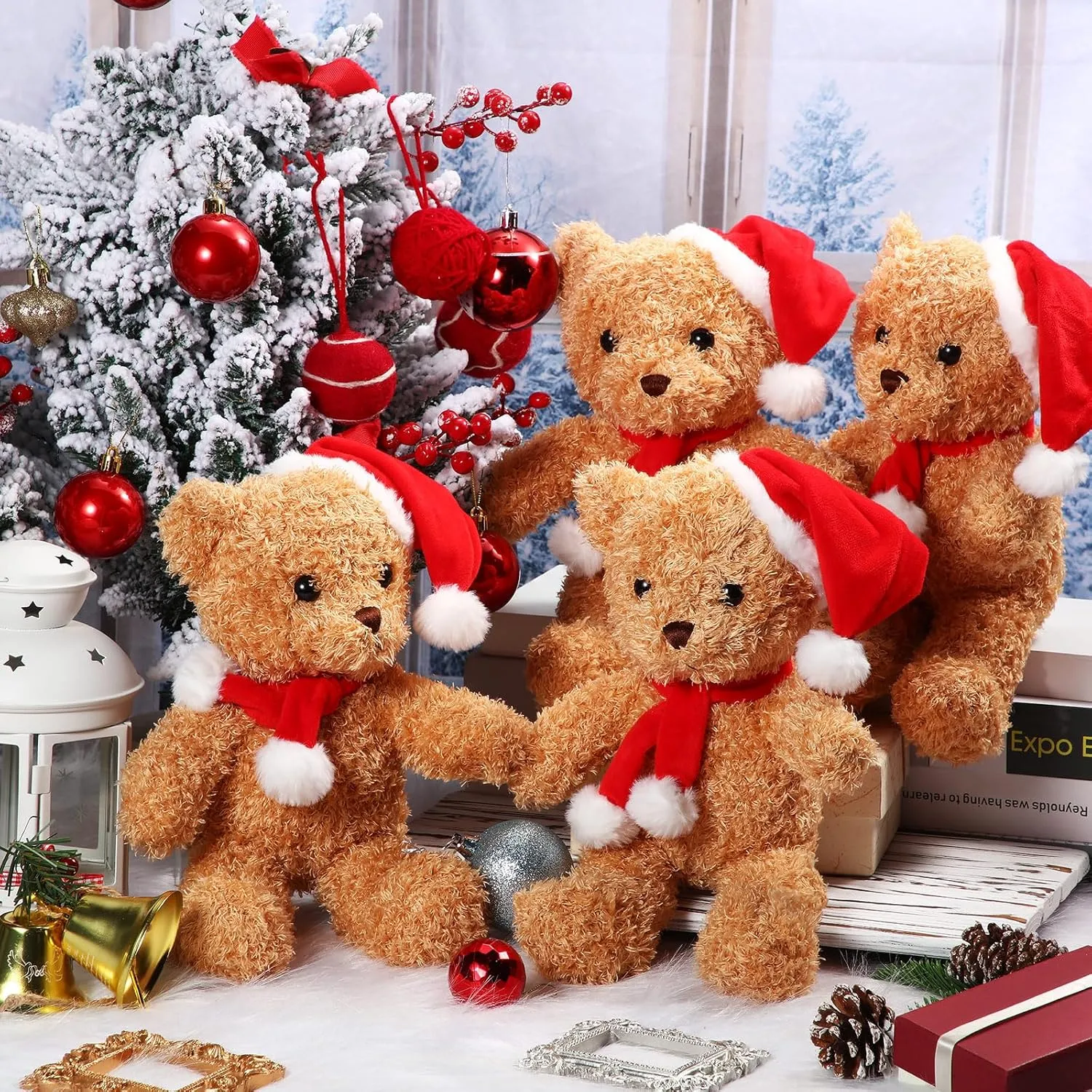 Shappy 6 Pack Christmas Bear Stuffed Animals Bulk Soft Bear Plush Toys 12 Inches Cute Bears Bulk with Santa Hat and Scarf for Kids Girls Boys Birthday Party(Brown)