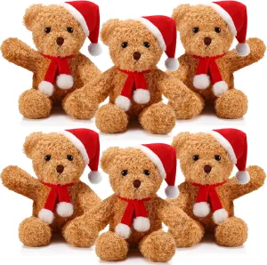 Shappy 6 Pack Christmas Bear Stuffed Animals Bulk Soft Bear Plush Toys 12 Inches Cute Bears Bulk with Santa Hat and Scarf for Kids Girls Boys Birthday Party(Brown)