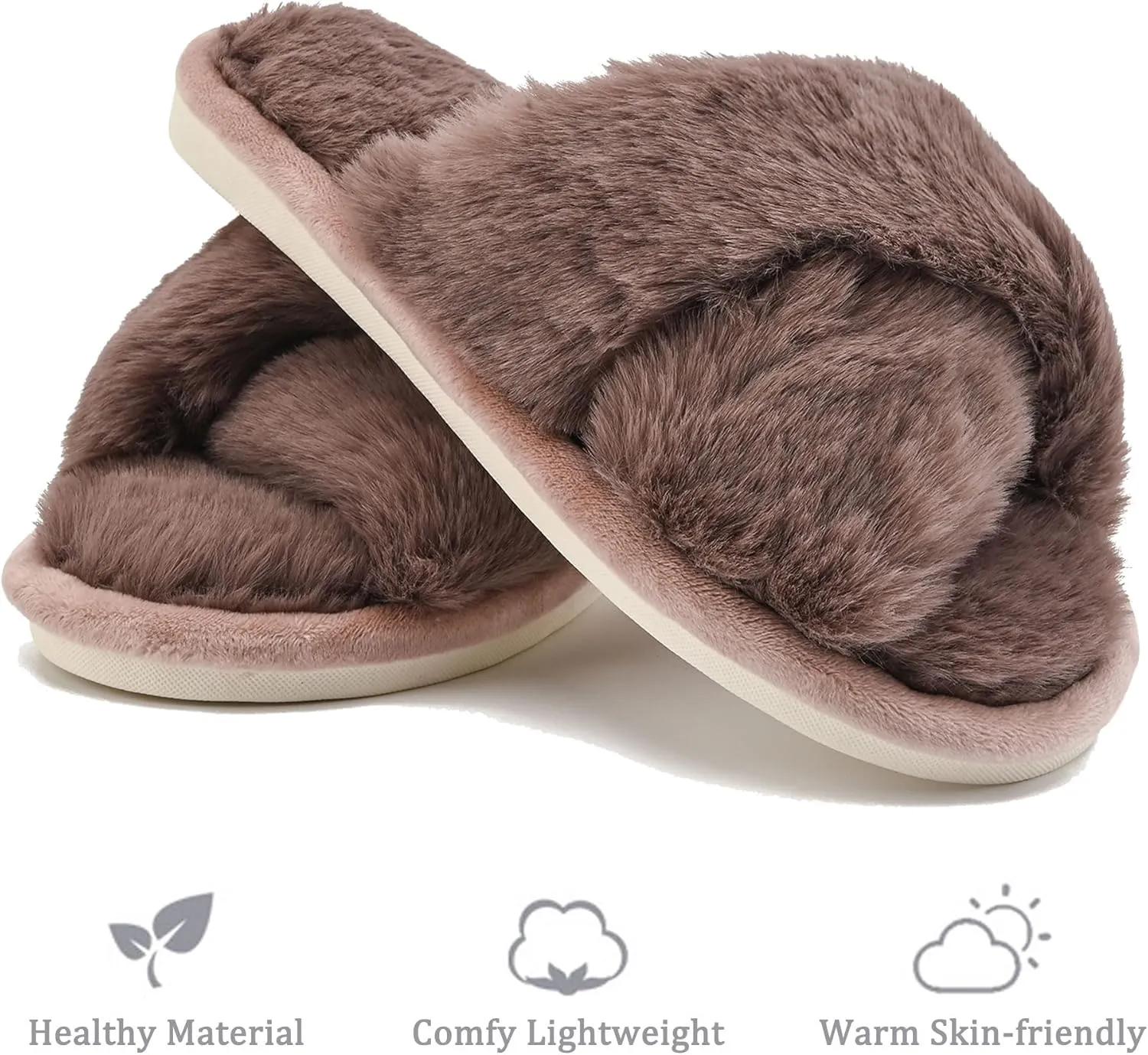 sharllen Women's Fuzzy Cross Band Slippers Open Toe Cozy Plush Furry Ladies Slippers Comfy Memory Foam Slides Slippers with Arch Support Fluffy House Slippers Home Bedroom Indoor Outdoor