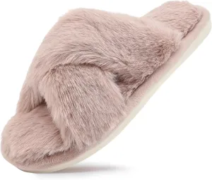 sharllen Women's Fuzzy Cross Band Slippers Open Toe Cozy Plush Furry Ladies Slippers Comfy Memory Foam Slides Slippers with Arch Support Fluffy House Slippers Home Bedroom Indoor Outdoor