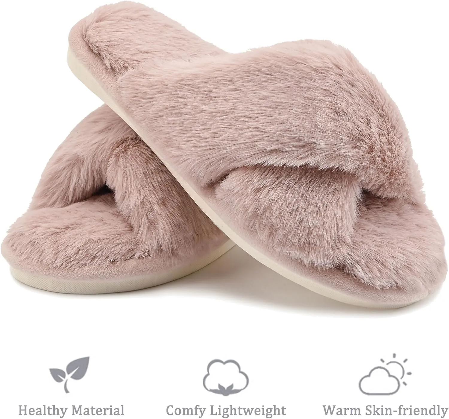 sharllen Women's Fuzzy Cross Band Slippers Open Toe Cozy Plush Furry Ladies Slippers Comfy Memory Foam Slides Slippers with Arch Support Fluffy House Slippers Home Bedroom Indoor Outdoor