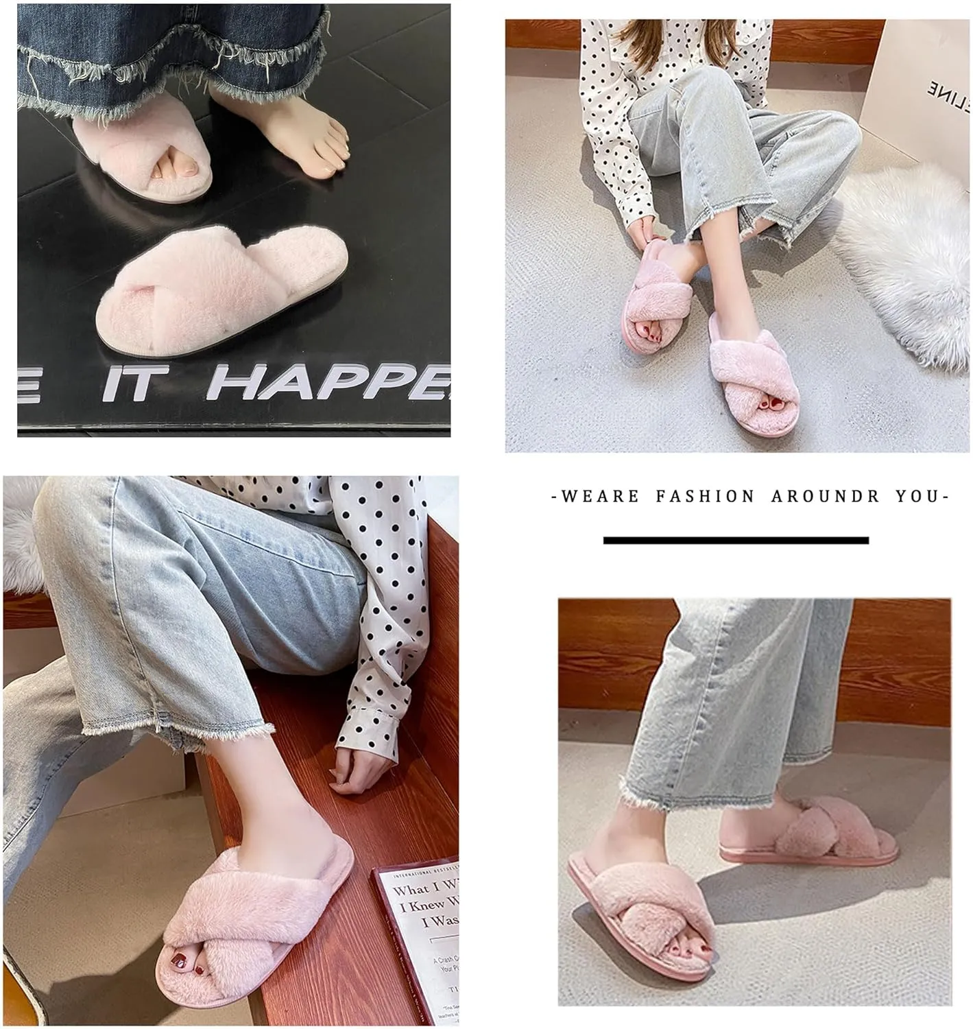 sharllen Women's Fuzzy Cross Band Slippers Open Toe Cozy Plush Furry Ladies Slippers Comfy Memory Foam Slides Slippers with Arch Support Fluffy House Slippers Home Bedroom Indoor Outdoor