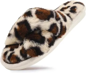 sharllen Women's Fuzzy Cross Band Slippers Open Toe Cozy Plush Furry Ladies Slippers Comfy Memory Foam Slides Slippers with Arch Support Fluffy House Slippers Home Bedroom Indoor Outdoor