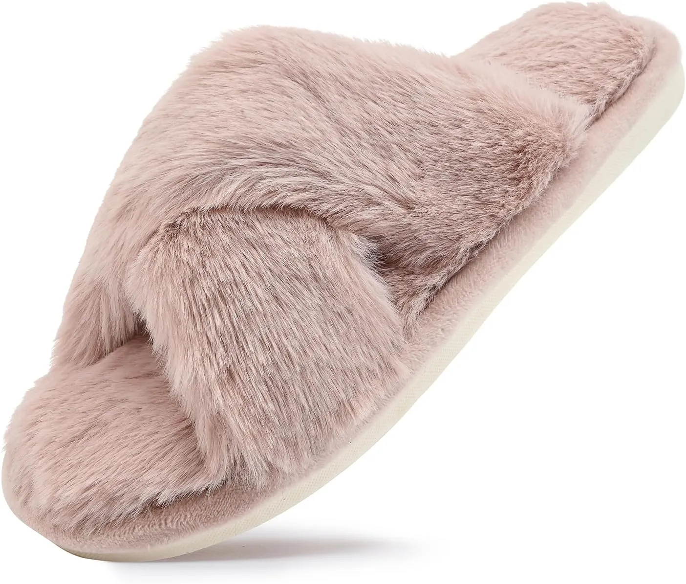 sharllen Women's Fuzzy Cross Band Slippers Open Toe Cozy Plush Furry Ladies Slippers Comfy Memory Foam Slides Slippers with Arch Support Fluffy House Slippers Home Bedroom Indoor Outdoor