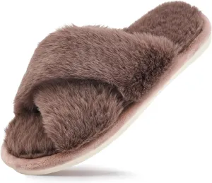 sharllen Women's Fuzzy Cross Band Slippers Open Toe Cozy Plush Furry Ladies Slippers Comfy Memory Foam Slides Slippers with Arch Support Fluffy House Slippers Home Bedroom Indoor Outdoor