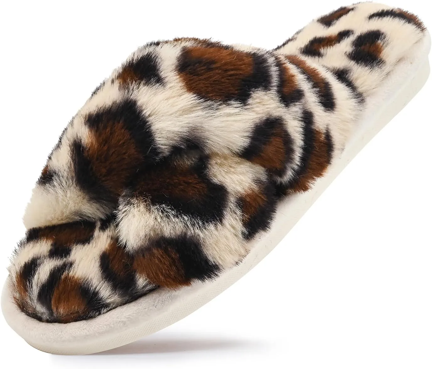 sharllen Women's Fuzzy Cross Band Slippers Open Toe Cozy Plush Furry Ladies Slippers Comfy Memory Foam Slides Slippers with Arch Support Fluffy House Slippers Home Bedroom Indoor Outdoor