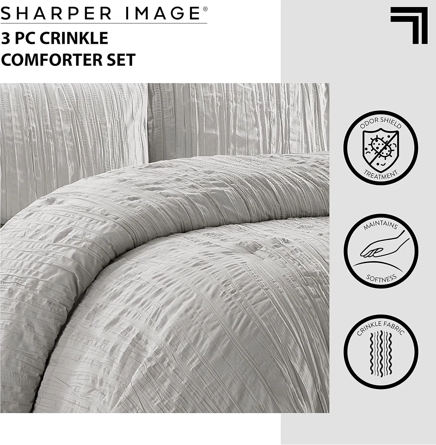 Sharper Image All Season Down Alternative Crinkle 3 Piece Comforter and Sham Set -Made with Recycled Fibers, King, Grey