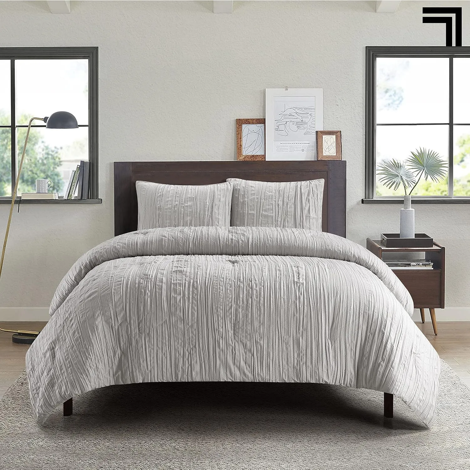Sharper Image All Season Down Alternative Crinkle 3 Piece Comforter and Sham Set -Made with Recycled Fibers, King, Grey