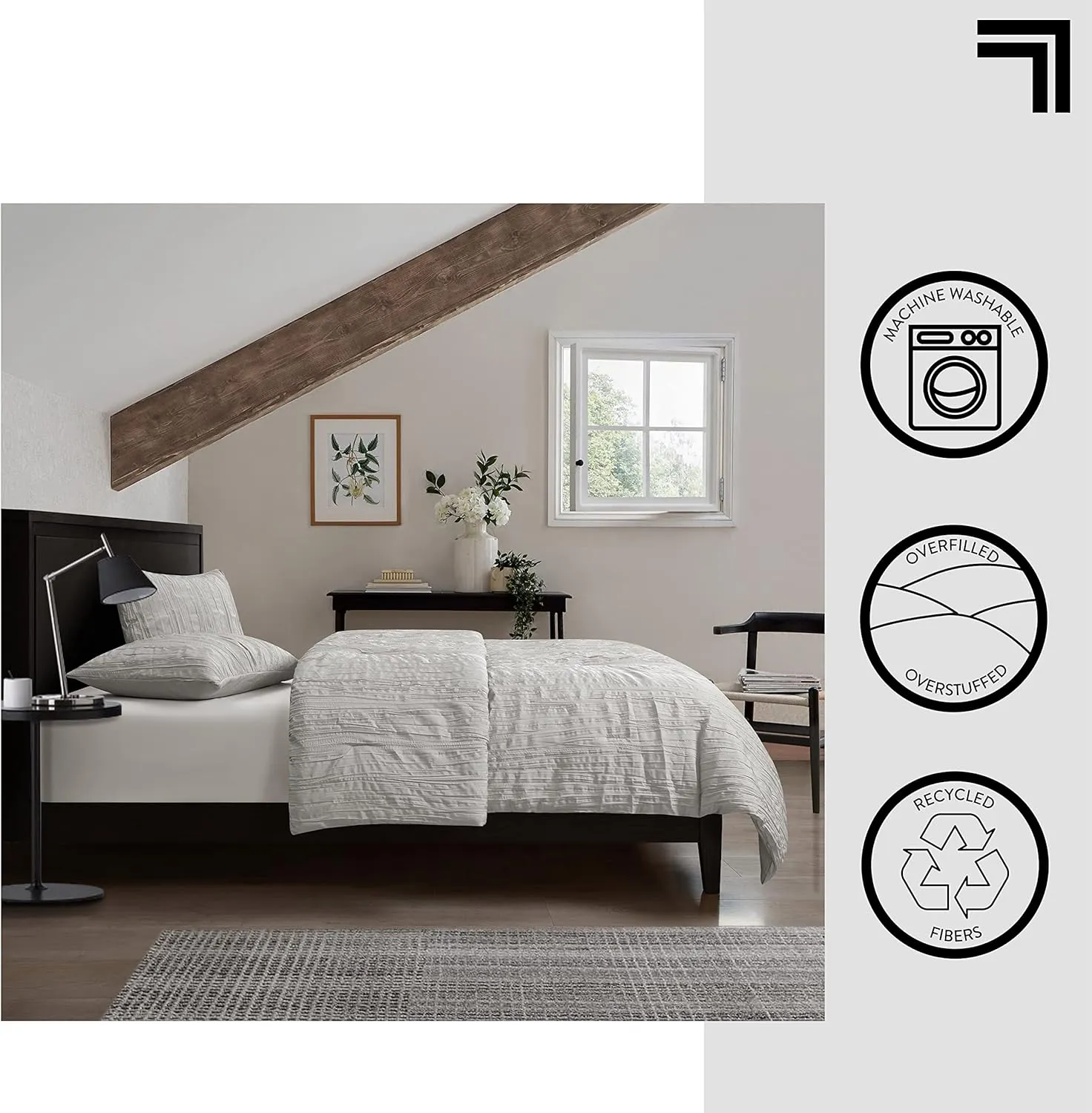 Sharper Image All Season Down Alternative Crinkle 3 Piece Comforter and Sham Set -Made with Recycled Fibers, King, Grey