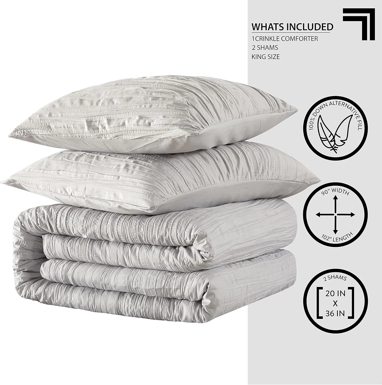 Sharper Image All Season Down Alternative Crinkle 3 Piece Comforter and Sham Set -Made with Recycled Fibers, King, Grey
