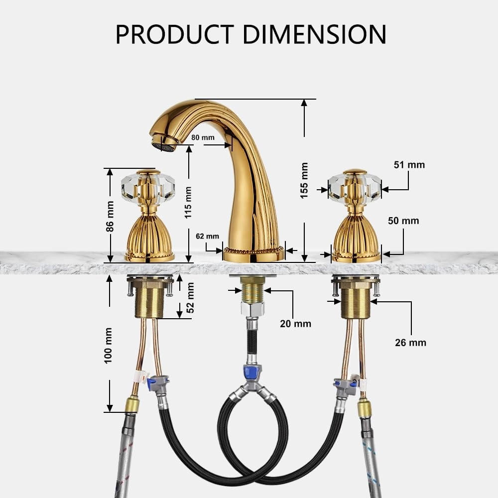 Shiny Polished Gold Widespread Bathroom Sink Faucet,Two Crystal Handle Three Hole Brass Lavatory Vanity Faucet,8-16 Inch Basin Mixer Tap with Pop Up Drain Assembly