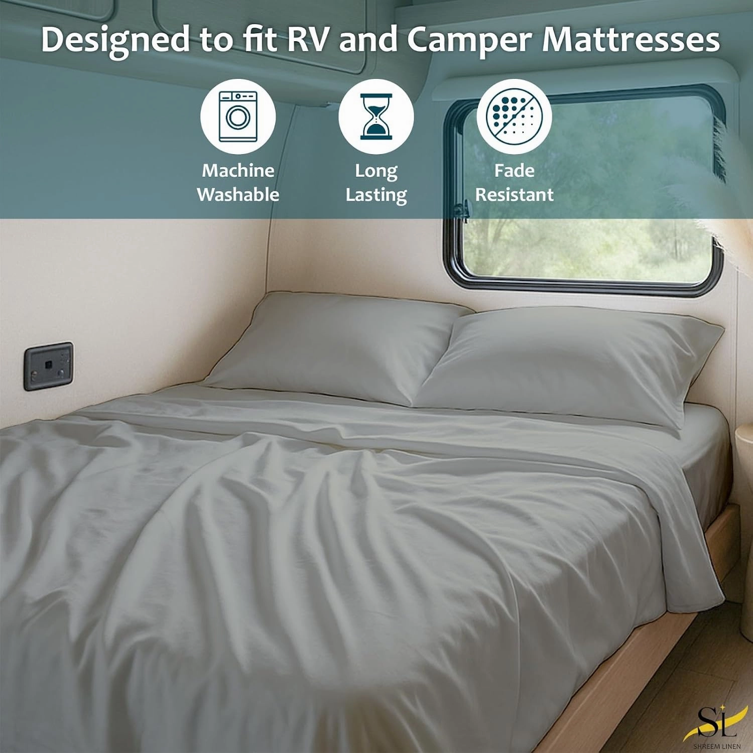 Shreem Linen RV Bunk Sheets 30x75, 100% Egyptian Cotton 4-Piece Camper Bedding Set, Fits 10-12" Deep RV Mattress, Light Grey