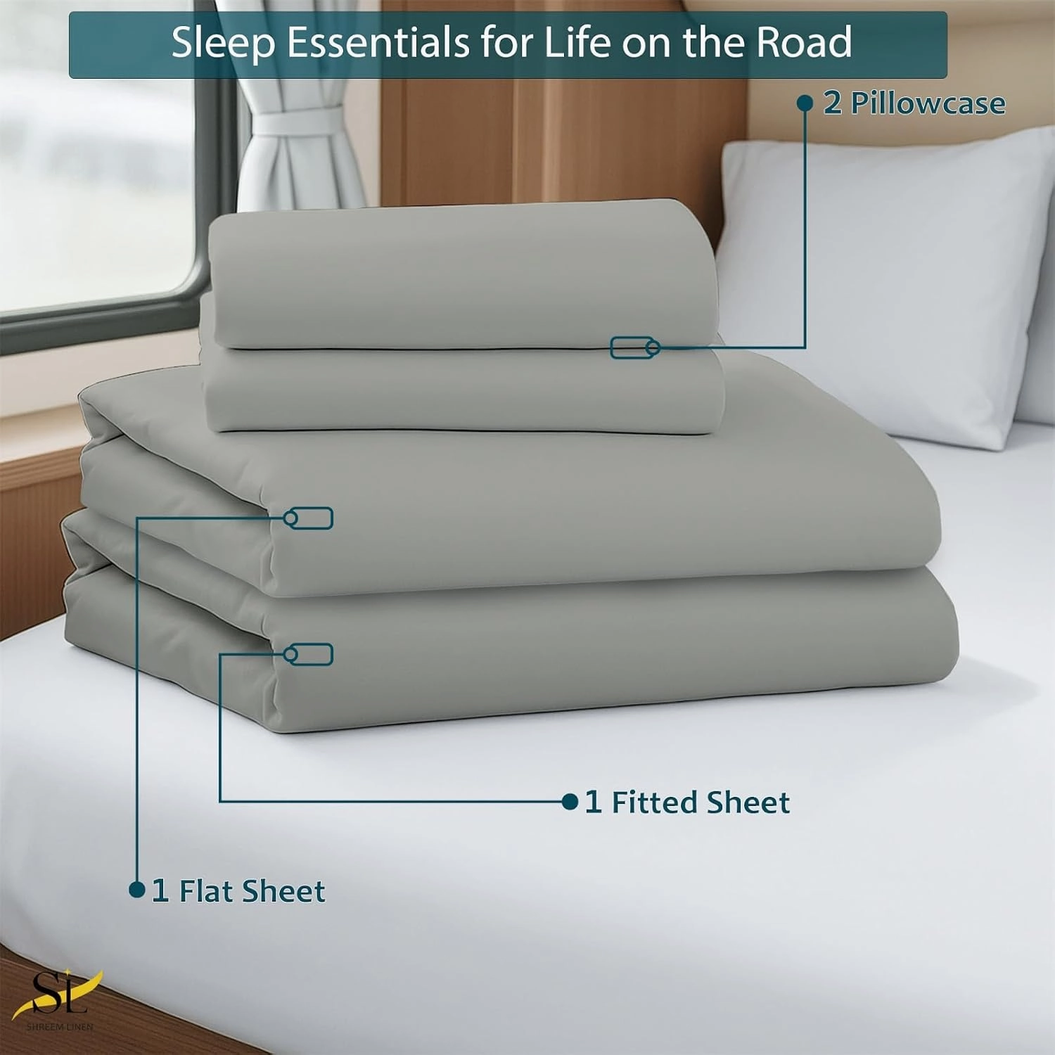 Shreem Linen RV Bunk Sheets 30x75, 100% Egyptian Cotton 4-Piece Camper Bedding Set, Fits 10-12" Deep RV Mattress, Light Grey