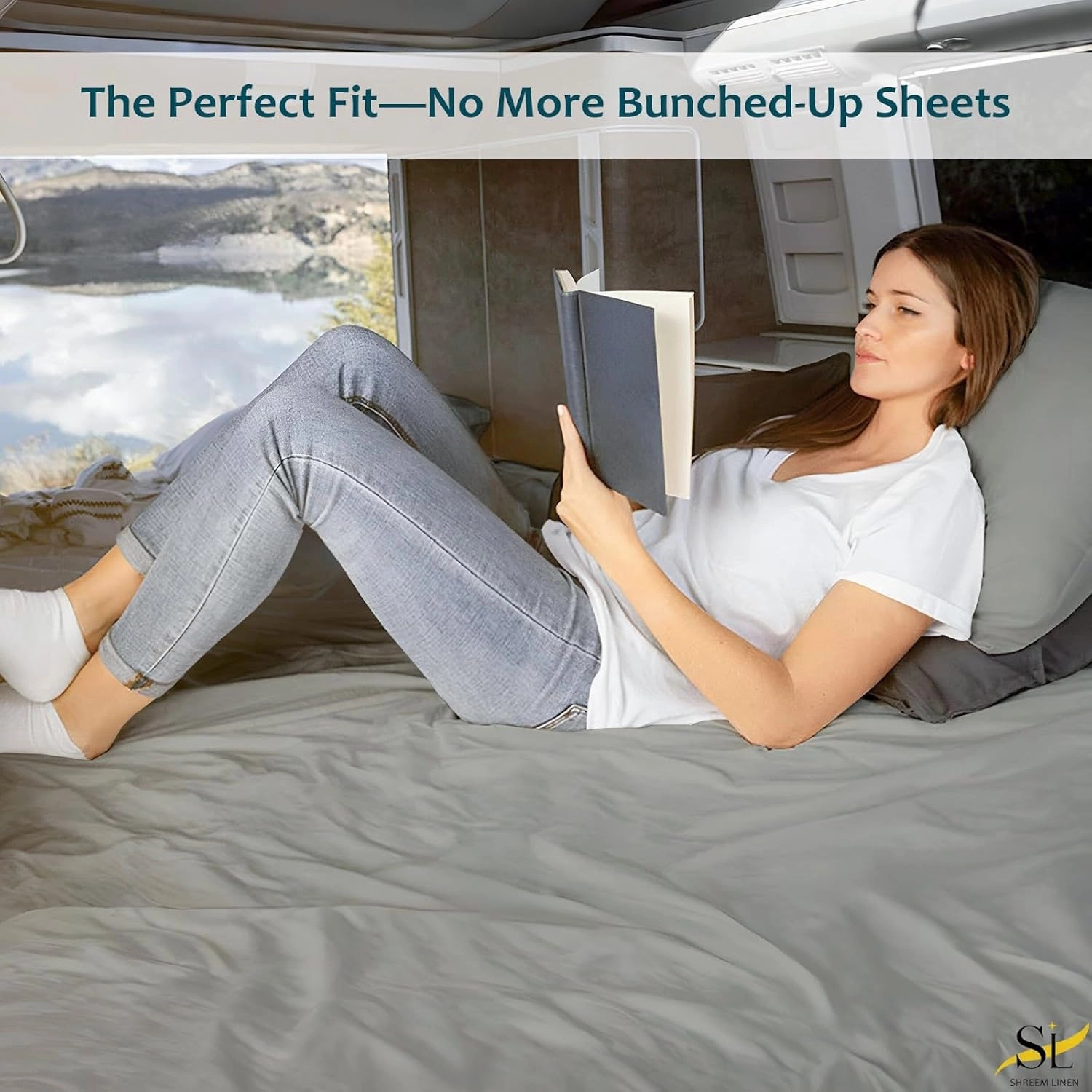Shreem Linen RV Bunk Sheets 30x75, 100% Egyptian Cotton 4-Piece Camper Bedding Set, Fits 10-12" Deep RV Mattress, Light Grey