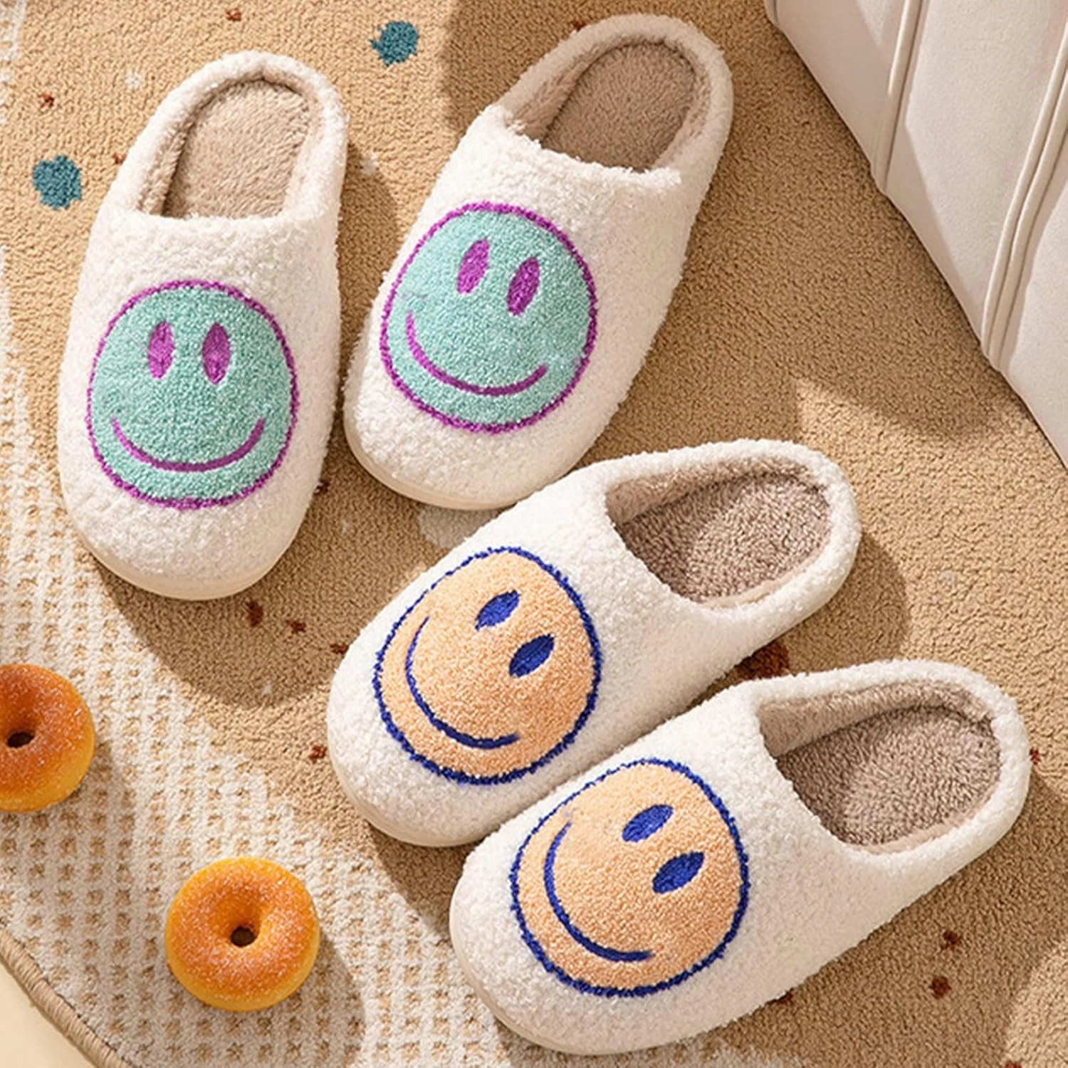 Sierlos Cute Kids' Plush Preppy Slippers - Happy Face Soft Memory Foam Fuzzy Slip-Ons for Indoor/Outdoor Use