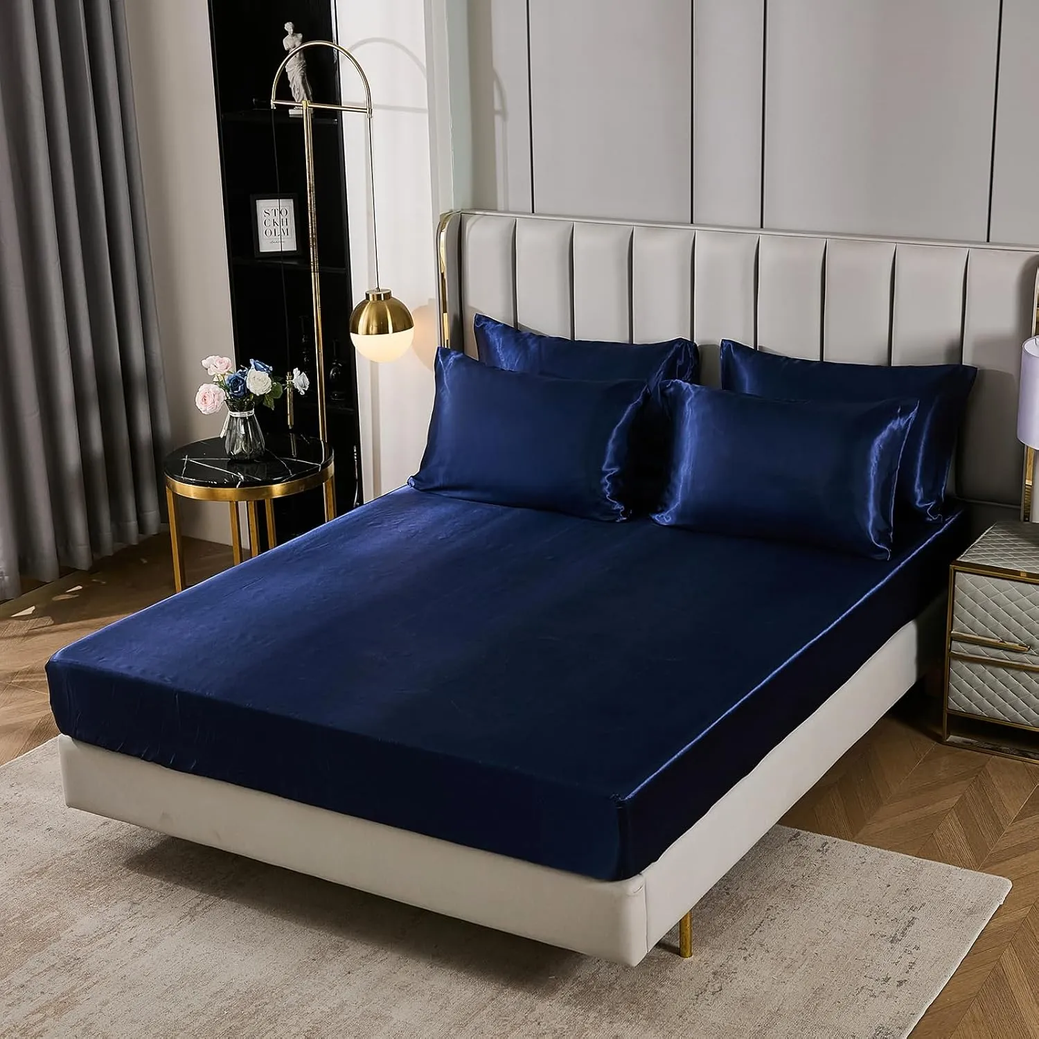 Silk Like Blue Comforter Set with Sheet Sets Queen 8 Pieces Satin Bedding Silky Bed-in-a-Bag Luxury Hotel Silky with 1 Cushion Cover