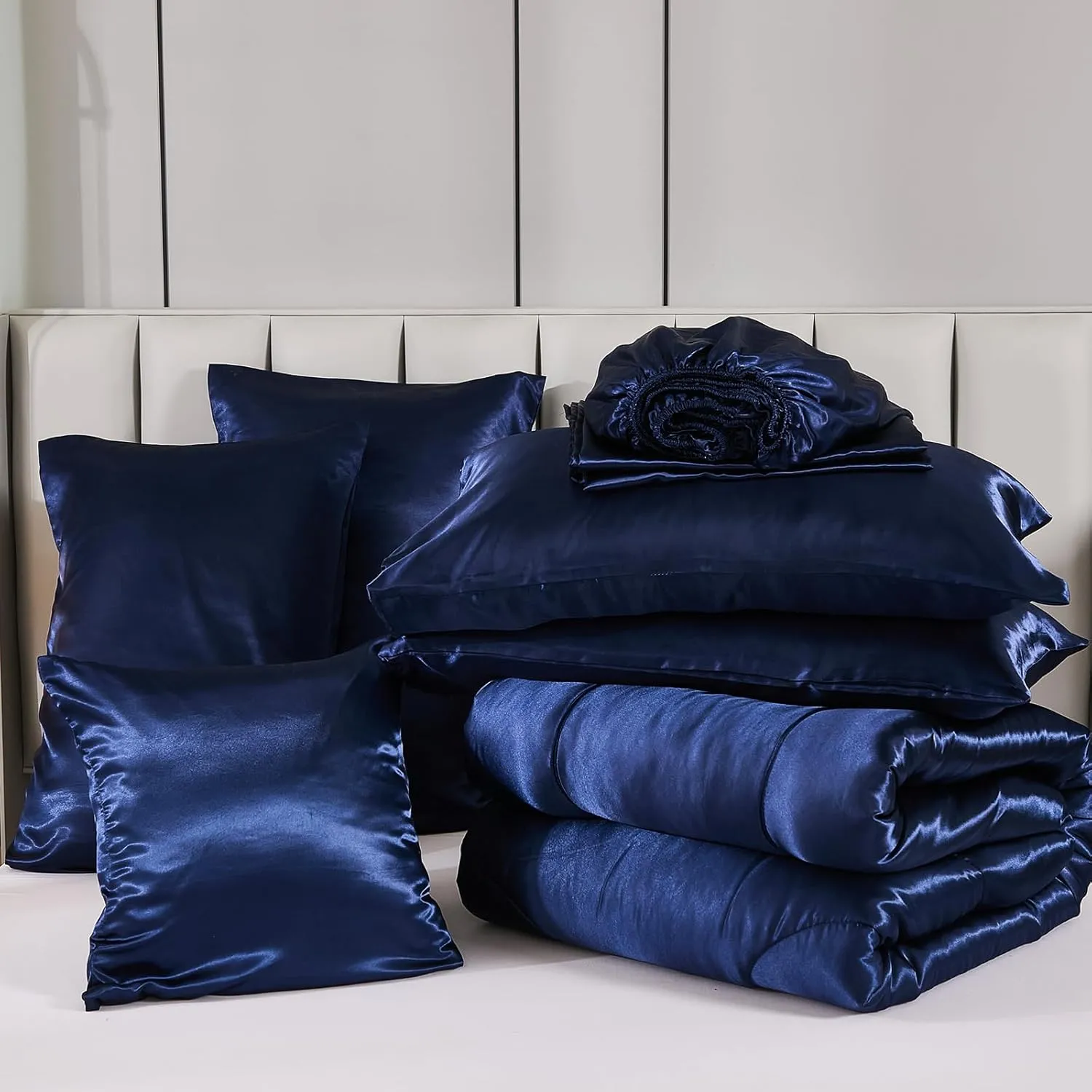 Silk Like Blue Comforter Set with Sheet Sets Queen 8 Pieces Satin Bedding Silky Bed-in-a-Bag Luxury Hotel Silky with 1 Cushion Cover