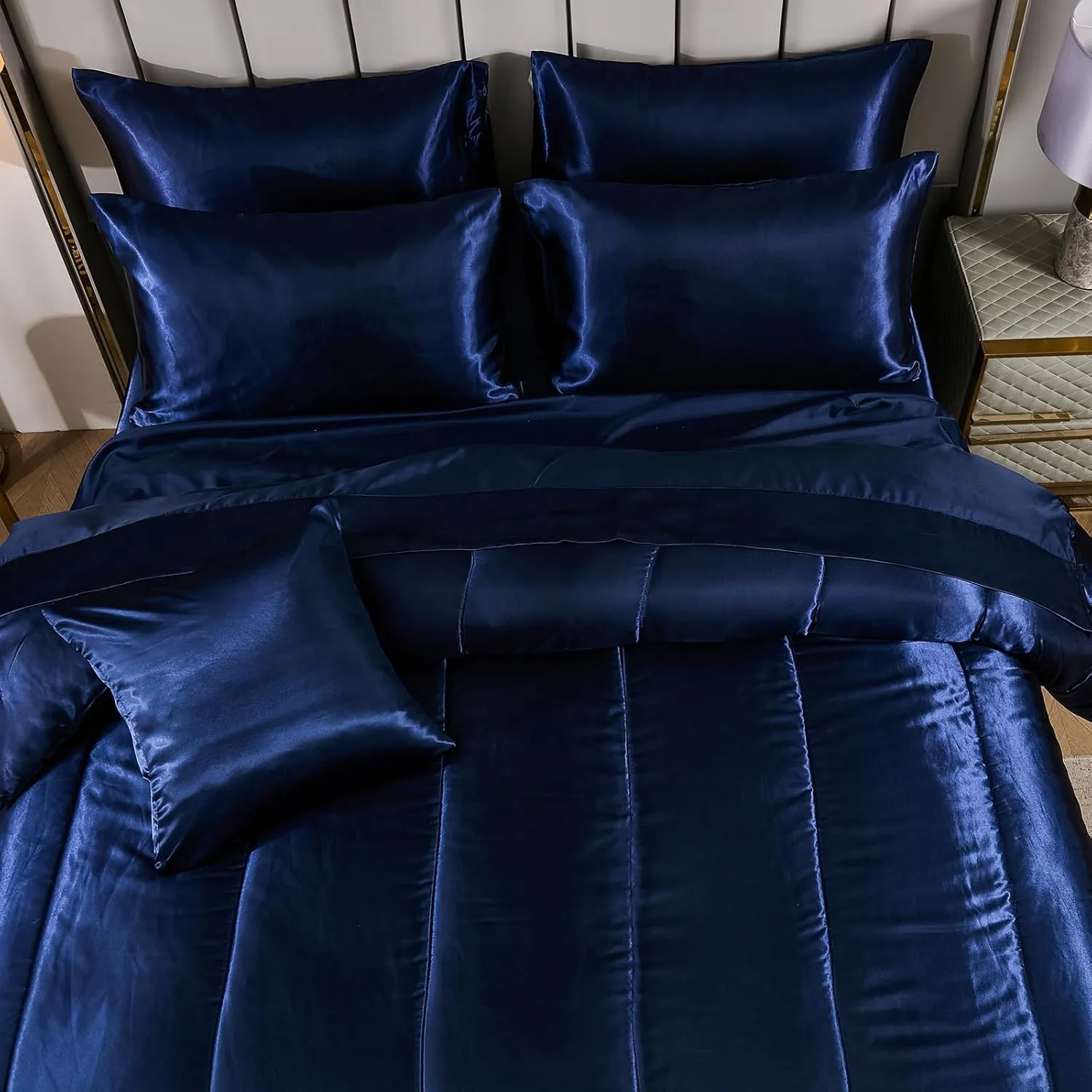 Silk Like Blue Comforter Set with Sheet Sets Queen 8 Pieces Satin Bedding Silky Bed-in-a-Bag Luxury Hotel Silky with 1 Cushion Cover