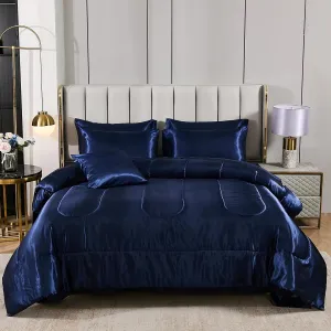 Silk Like Blue Comforter Set with Sheet Sets Queen 8 Pieces Satin Bedding Silky Bed-in-a-Bag Luxury Hotel Silky with 1 Cushion Cover